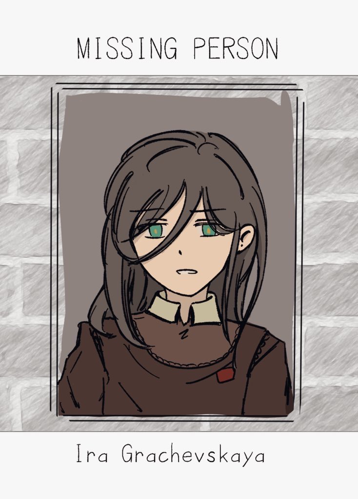 shio hours, ira grachevskaya, z.a.t.o. // i love the world and everything in it, commentary, english commentary, 1girl, black hair, border, character name, english text, expressionless, green eyes, hair between eyes, half-closed eyes, long hair, parted lips, school uniform, solo, soviet school uniform, straight-on, teeth, upper body, yellow pupils