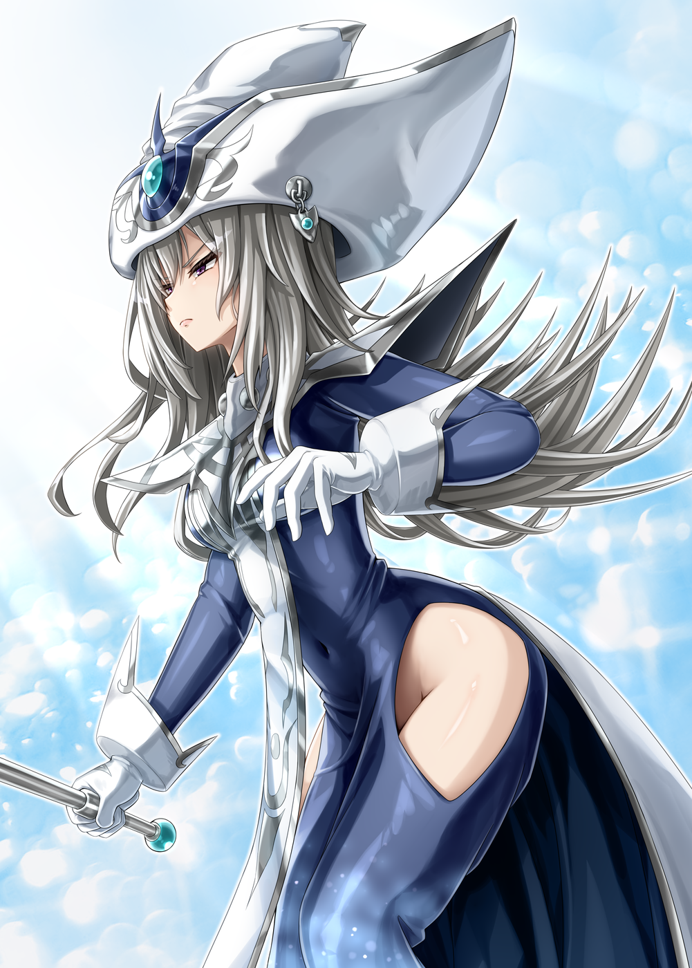 nokia (nm), silent magician, yu-gi-oh!, commentary request, highres, 1girl, breasts, closed mouth, clothing cutout, duel monster, gloves, grey hair, hair between eyes, hat, hip vent, holding, holding staff, long sleeves, no panties, smile, solo, staff, white gloves, white hat
