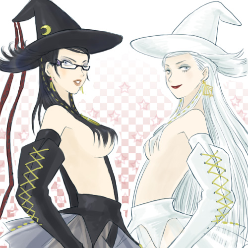nasu (roda de estrela), bayonetta, jeanne (bayonetta), bayonetta (series), lowres, 2girls, black hair, earrings, elbow gloves, eyeshadow, female focus, glasses, gloves, hat, jewelry, long hair, makeup, miniskirt, multiple girls, one eye closed, red ribbon, ribbon, skirt, white hair, wink, witch hat