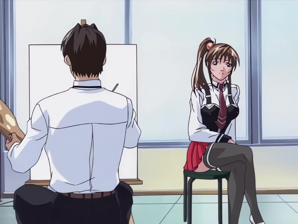 imari kurumi, minase taki, bible black, bible black night of the walpulgiss, animated, painting (medium), sound, tagme, traditional media, video, 00s, 1boy, 1girl, 2001, 2003, angry, ass, bent over, black thighhighs, bow, bowtie, breasts, brown hair, cameltoe, clothes lift, crossed legs, easel, female focus, green eyes, hands on own hips, large breasts, leaning forward, legs, modeling, paint, paint palette, panties, pantyshot, running, scared, school uniform, short hair, side ponytail, sitting, skirt, skirt lift, smile, solo, striped clothes, striped panties, thighhighs, thighs, underwear, walking