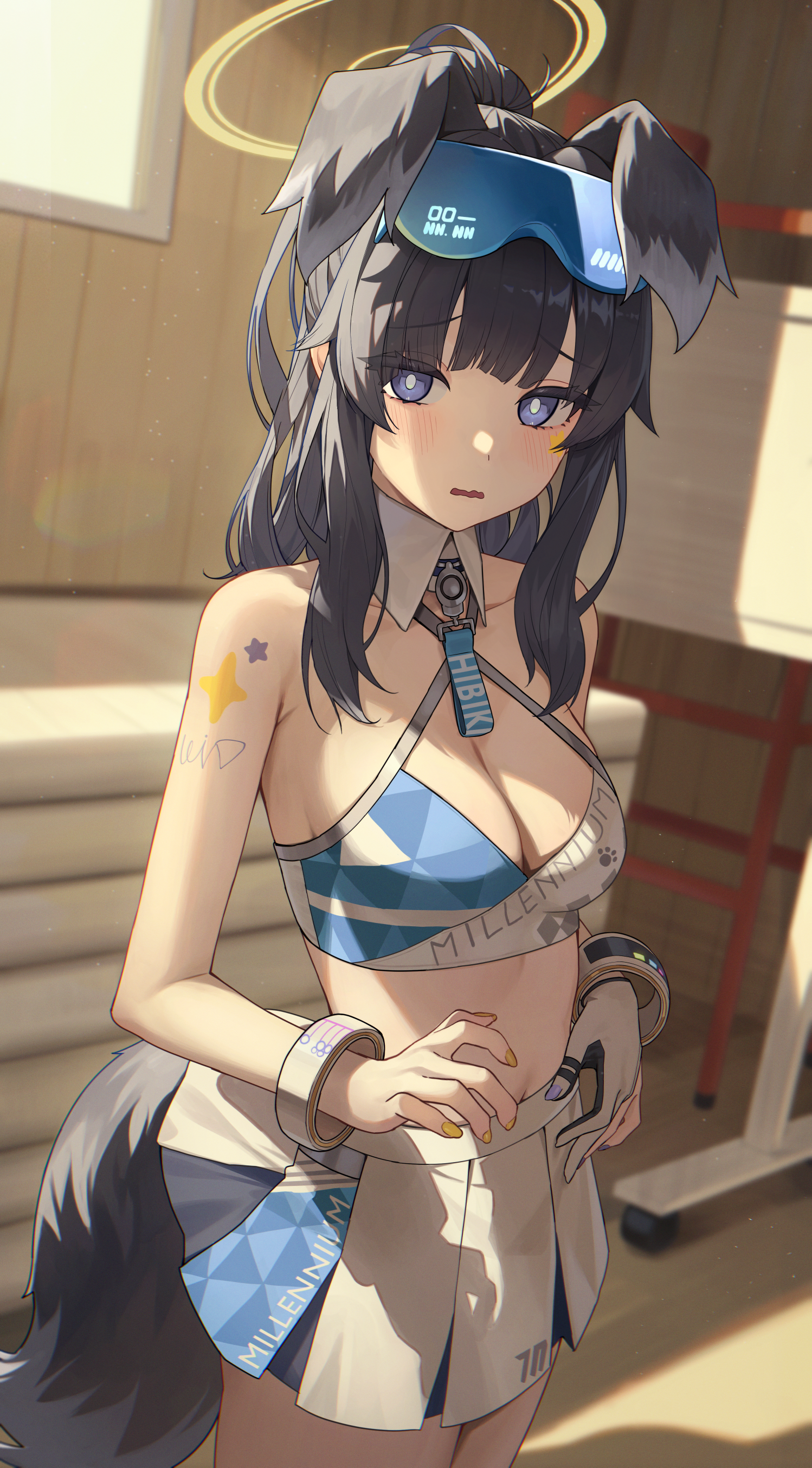 suumon, hibiki (blue archive), hibiki (cheer squad) (blue archive), blue archive, absurdres, commentary, highres, 1girl, animal ears, black hair, blue eyes, breasts, bright pupils, cleavage, dog ears, dog tail, gloves, long hair, multicolored nails, nail polish, navel, pleated skirt, ponytail, purple nails, single glove, skirt, solo, star (symbol), star sticker, sticker, sticker on face, tail, white gloves, yellow nails