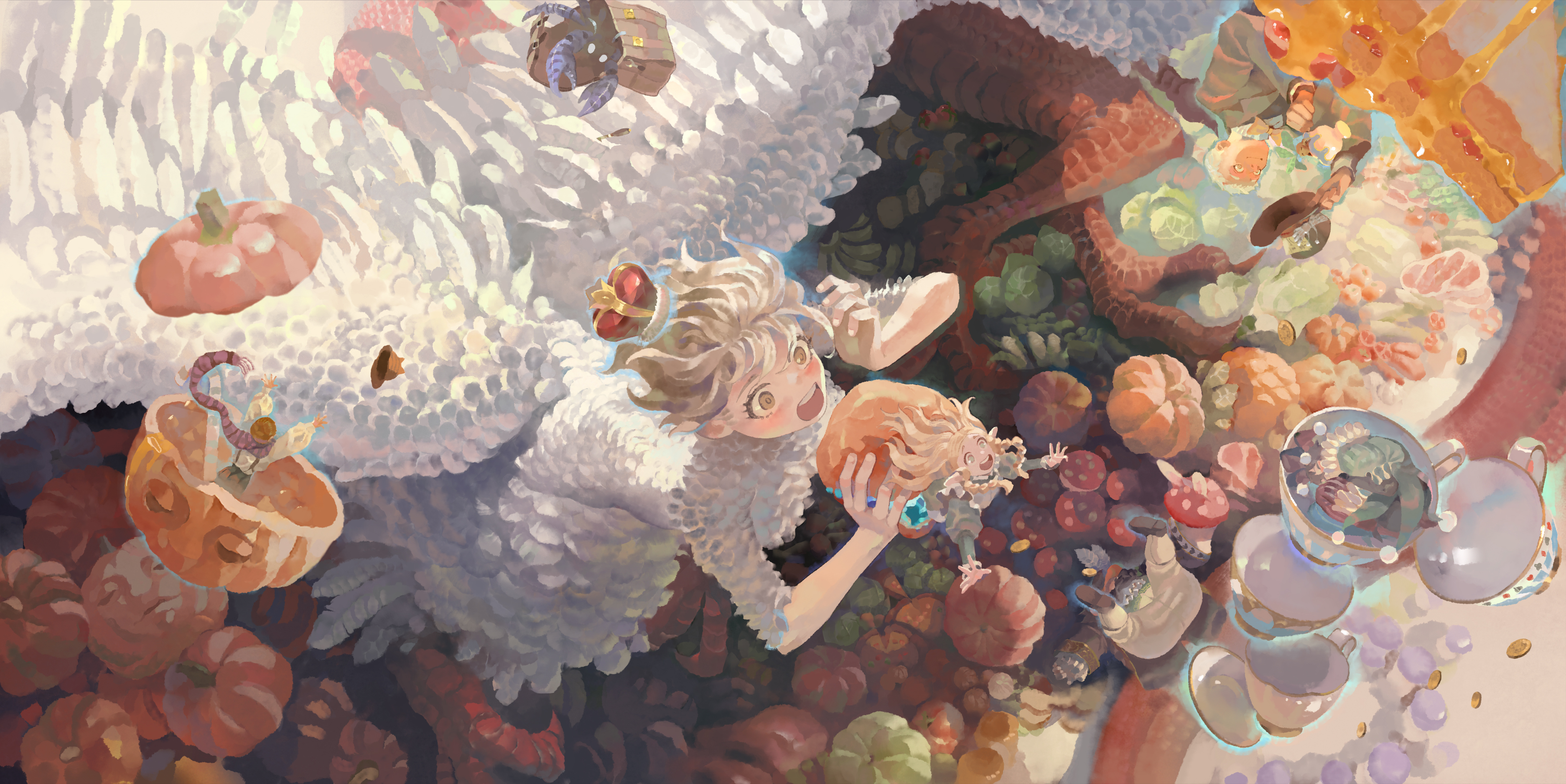 ts psi vczzxvc, chilchuck tims, dryad fruit (dungeon meshi), falin touden, falin touden (chimera), laios touden, mandrake (dungeon meshi), marcille donato, senshi (dungeon meshi), walking mushroom (dungeon meshi), dungeon meshi, absurdres, hashtag-only commentary, highres, 2girls, 3boys, blonde hair, blush, body fur, braid, brown bag, brown hair, brown hat, chimera, coin, crown, cup, dwarf, eating, elf, feathers, hat, monster girl, multiple boys, multiple girls, pointy ears, pumpkin, scarf, talons, teacup, twin braids, white feathers