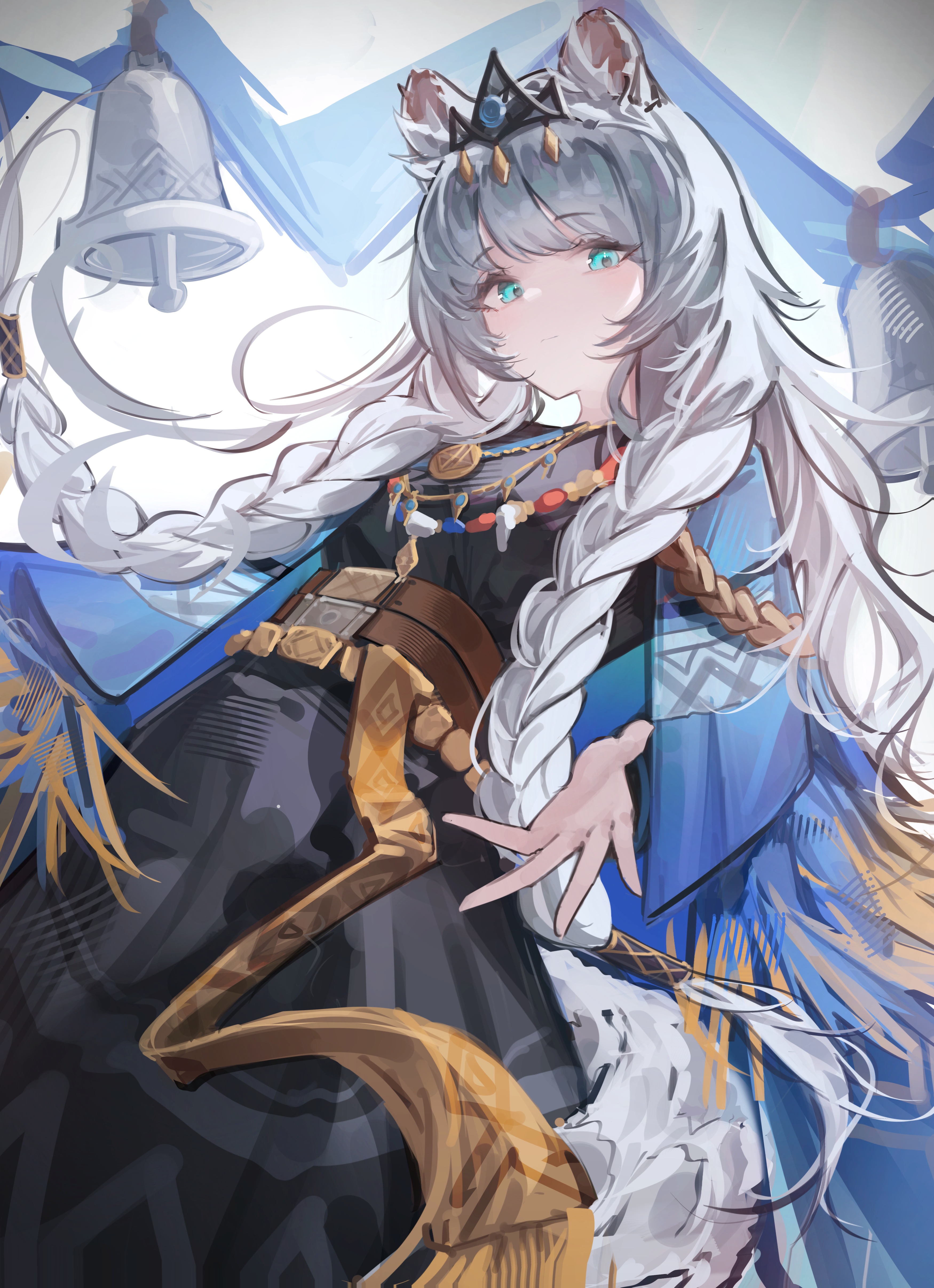 meihina, pramanix (arknights), arknights, absurdres, commentary request, highres, 1girl, animal ear fluff, animal ears, bell, black shirt, black skirt, blue eyes, braid, closed mouth, from below, grey hair, hair over shoulder, leopard ears, long hair, looking at viewer, looking down, shirt, skirt, solo, tiara, twin braids, very long hair