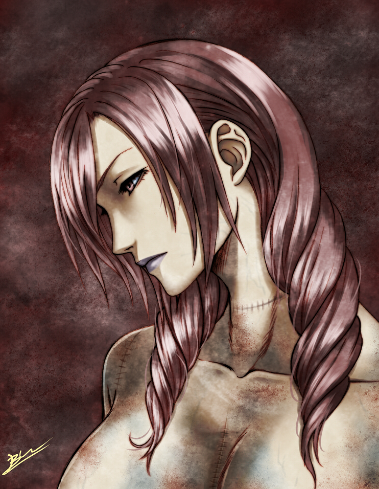 suginodai, daniella, capcom, demento, homunculus, 1girl, blue lips, breasts, cleavage, collarbone, drill hair, female focus, lipstick, maid, makeup, pale skin, profile, purple eyes, purple hair, scar, solo, stitches, topless frame