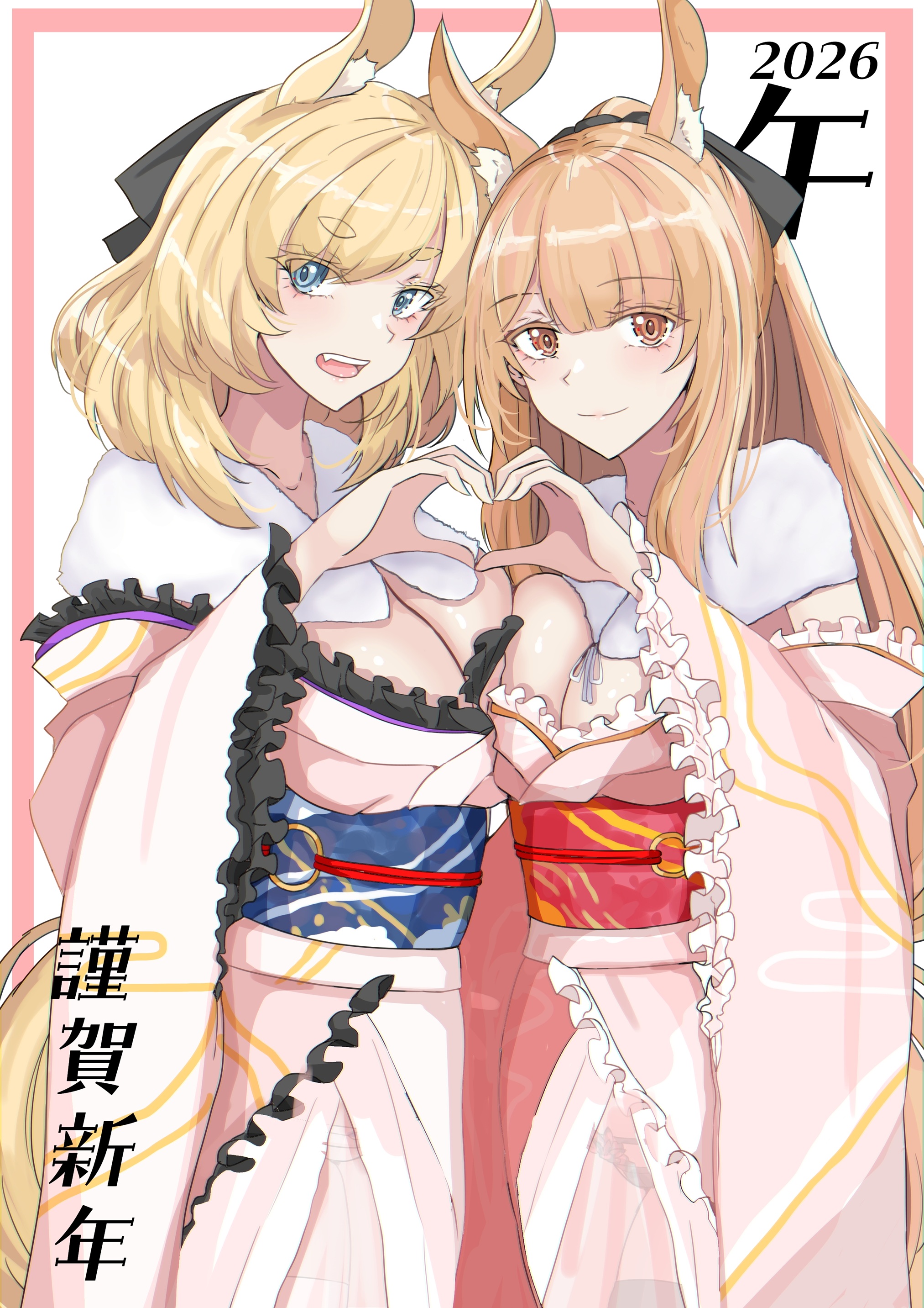 ken (shutenndouji1), absurdres, character request, commentary request, copyright request, highres, translation request, 2026, 2girls, animal ears, blonde hair, blue eyes, breasts, brown hair, feet out of frame, heart, heart hands, japanese clothes, kimono, large breasts, long hair, multiple girls, open mouth, pink kimono, red eyes, short eyebrows, simple background, smile, standing, teeth, upper teeth only