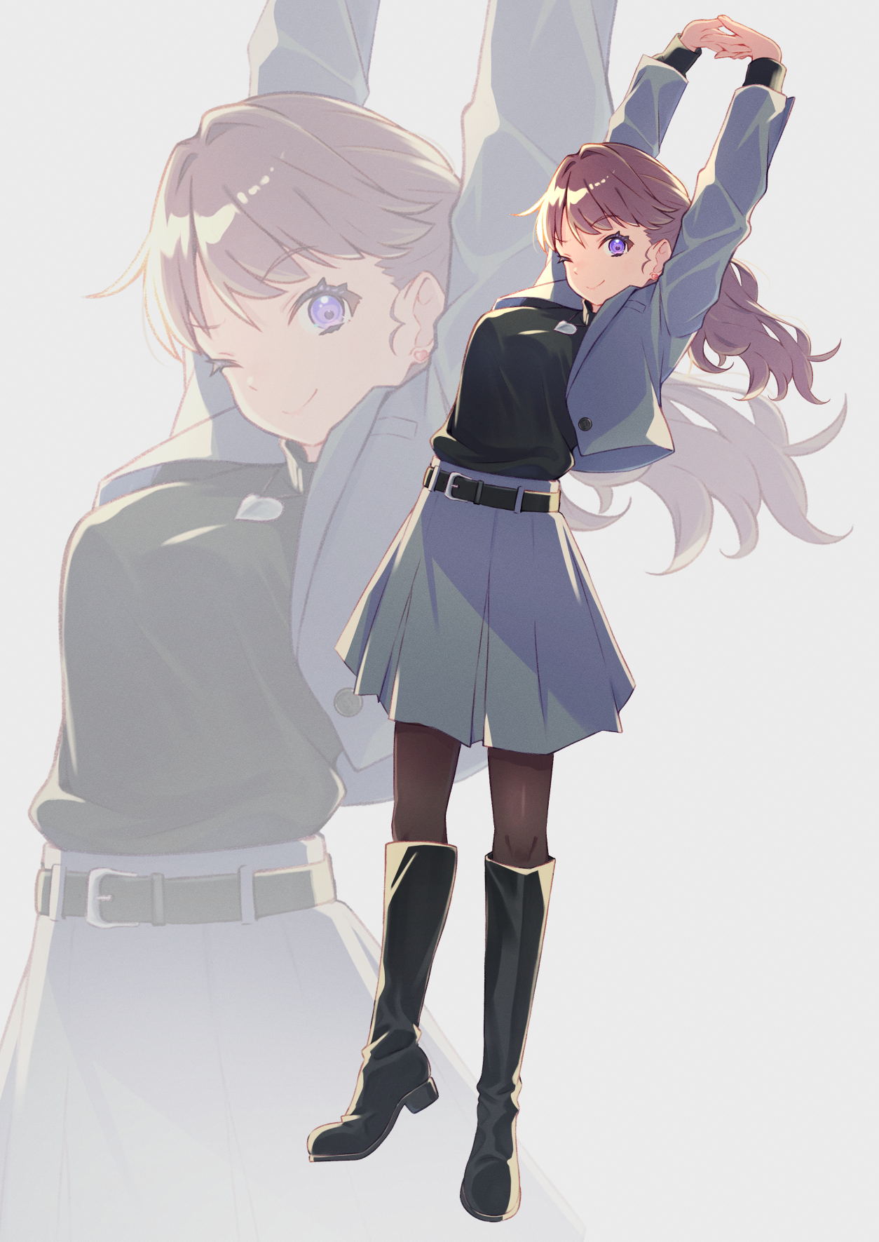 macken666, fujishima megumi, fujishima megumi (post-graduation), link! like! love live!, love live!, commentary request, highres, 1girl, ;), arms up, black boots, blurry, blurry background, boots, breast pocket, breasts, brown hair, brown pantyhose, buttons, cowboy shot, earrings, formal clothes, full body, grey jacket, heart, heart earrings, heart necklace, high heel boots, high heels, interlocked fingers, jacket, jewelry, knee boots, long hair, looking at viewer, medium breasts, necklace, one eye closed, open clothes, open jacket, pantyhose, pleated skirt, pocket, ponytail, purple eyes, simple background, skirt, skirt suit, smile, solo, stretching, suit, suit jacket, virtual youtuber, white background, zoom layer