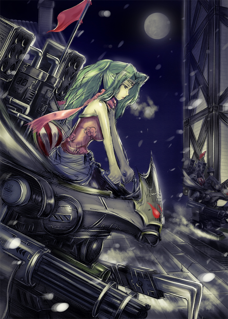 mocchisake, tina branford, final fantasy, final fantasy vi, 1990s (style), 1girl, bare shoulders, female focus, green hair, long hair, mecha, moon, night, outdoors, ponytail, retro artstyle, riding, robot, scarf, sky, snow, solo, tiara