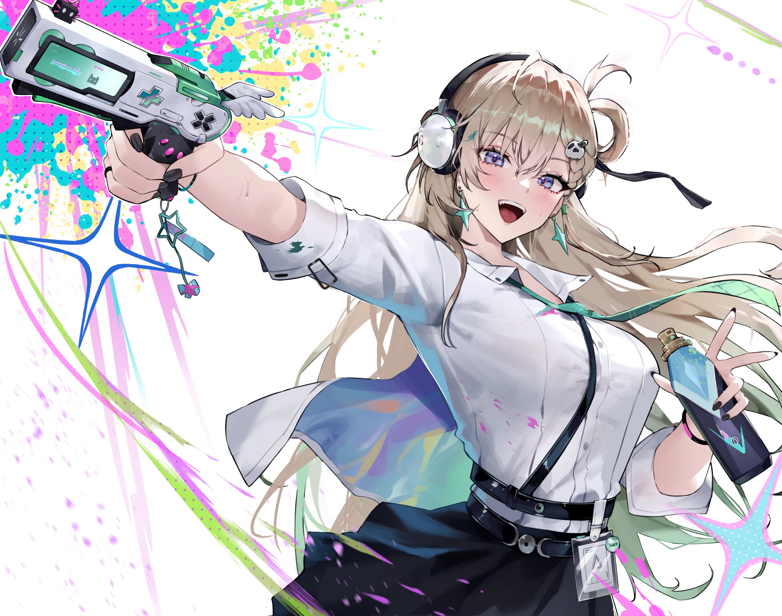 gamgyul, lynae (wuthering waves), wuthering waves, hashtag-only commentary, highres, 1girl, aiming, black nails, black skirt, blonde hair, braid, braided bangs, breasts, can, earrings, fingernails, graffiti, hair between eyes, hair ornament, headphones, holding, holding can, id card, jacket, jewelry, large breasts, long hair, looking at viewer, nail polish, open mouth, purple eyes, shirt, shirt tucked in, skirt, skull hair ornament, smile, solo, spray can, star (symbol), star earrings, white jacket, white shirt
