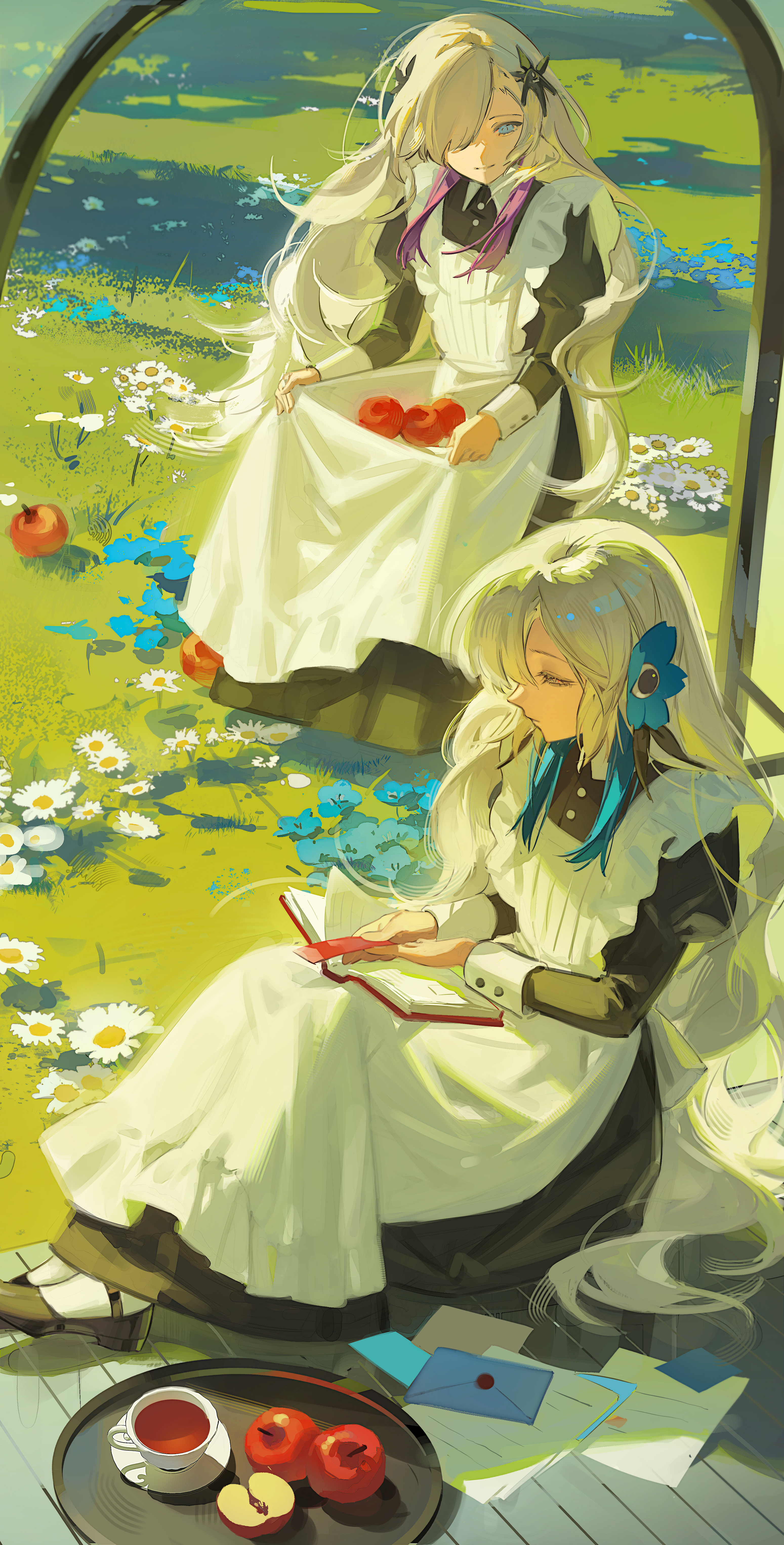 nyansky, isekaijoucho, sekai (cevio), cevio, kamitsubaki studio, absurdres, chinese commentary, commentary request, highres, 2girls, alternate costume, apple, apple slice, apron, black dress, black flower, blonde hair, blue eyes, blue flower, blue hair, bookmark, buttons, collared dress, cup, daisy (flower), day, dress, enmaided, envelope, field, flower, flower field, food, frilled apron, frills, fruit, full body, grass, grey eyes, hair flower, hair ornament, hair over one eye, hair spread out, half-closed eyes, juliet sleeves, long dress, long hair, long sleeves, looking at viewer, maid, multicolored hair, multiple girls, outdoors, paper stack, puffy sleeves, purple hair, reading, saucer, shadow, sidelocks, sitting, skirt basket, streaked hair, tea, teacup, tray, veranda, very long hair, virtual youtuber, watermark, wavy hair, weibo watermark, white apron, white flower, wooden floor
