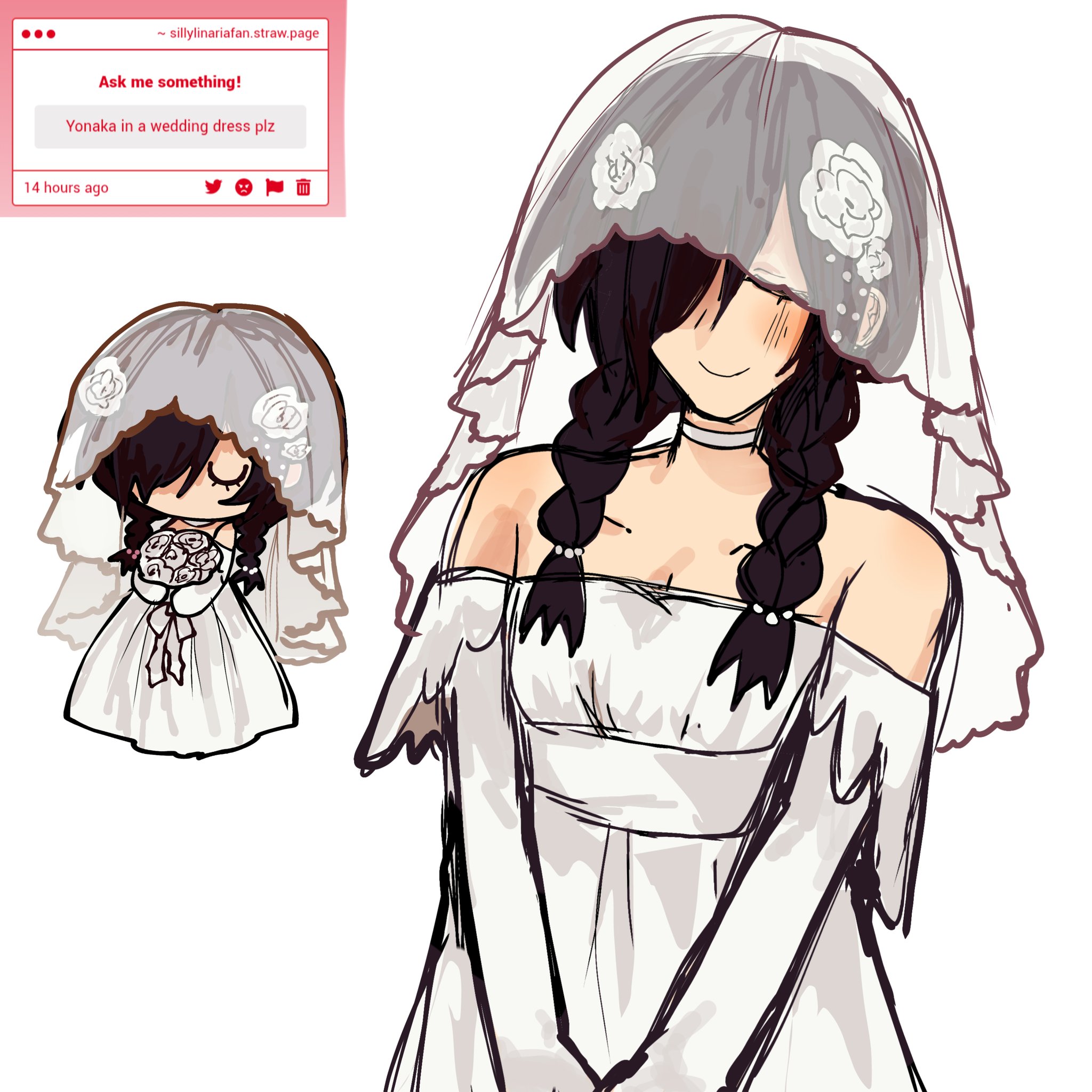 sam (sillylinariafan), kurai yonaka, bare shoulders, black hair, bouquet, braid, breasts, bridal veil, chibi, chibi inset, choker, cleavage, closed eyes, closed mouth, collarbone, dress, elbow gloves, english text, flower, gloves, hair flower, hair ornament, holding, holding bouquet, long hair, mogeko caslte, no mouth, simple background, smile, strawpage, twin braids, twitter logo, veil, wedding dress, white background, white choker, white dress, white flower, white gloves