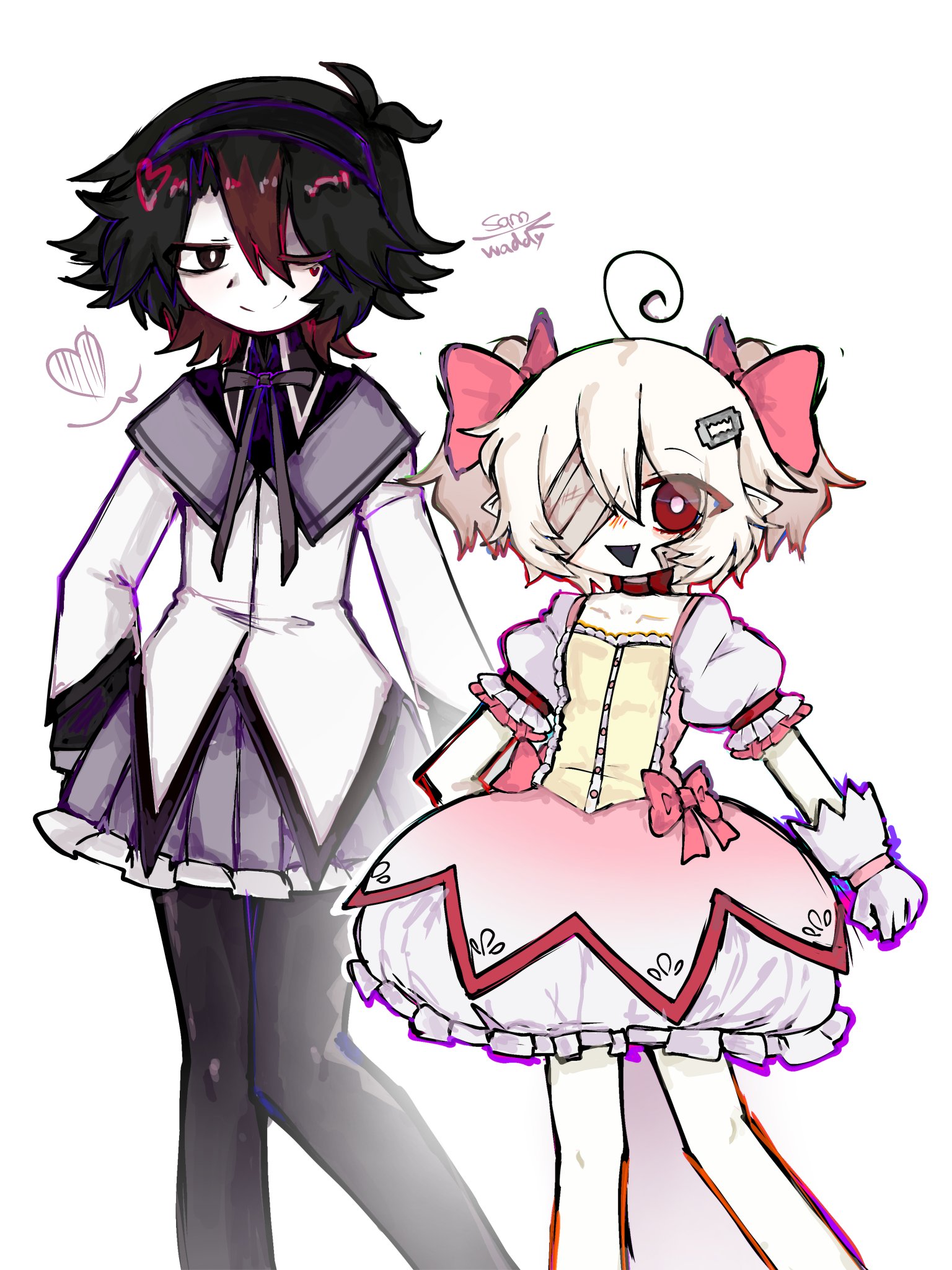 sam (sillylinariafan), mahou shoujo madoka magica, original, 2boys, ahoge, akemi homura (cosplay), antenna hair, bandage over one eye, black eyes, black hair, black ribbon, blush, borrowed character, bow, bright pupils, colored skin, dress, eyes visible through hair, facial mark, fang, frilled skirt, frills, gauze, gauze on cheek, gloves, grey sailor collar, hair between eyes, hair ornament, heart, heart facial mark, height difference, implied yaoi, jacket, kaname madoka (cosplay), multiple boys, one eye closed, open mouth, outline, pink bow, pink dress, pleated skirt, puffy dress, puffy short sleeves, puffy sleeves, purple skirt, red eyes, ribbon, sailor collar, short hair, short sleeves, signature, simple background, skirt, triangle mouth, twintails, white background, white gloves, white hair, white jacket, white outline, white pupils, white skin, white sleeves