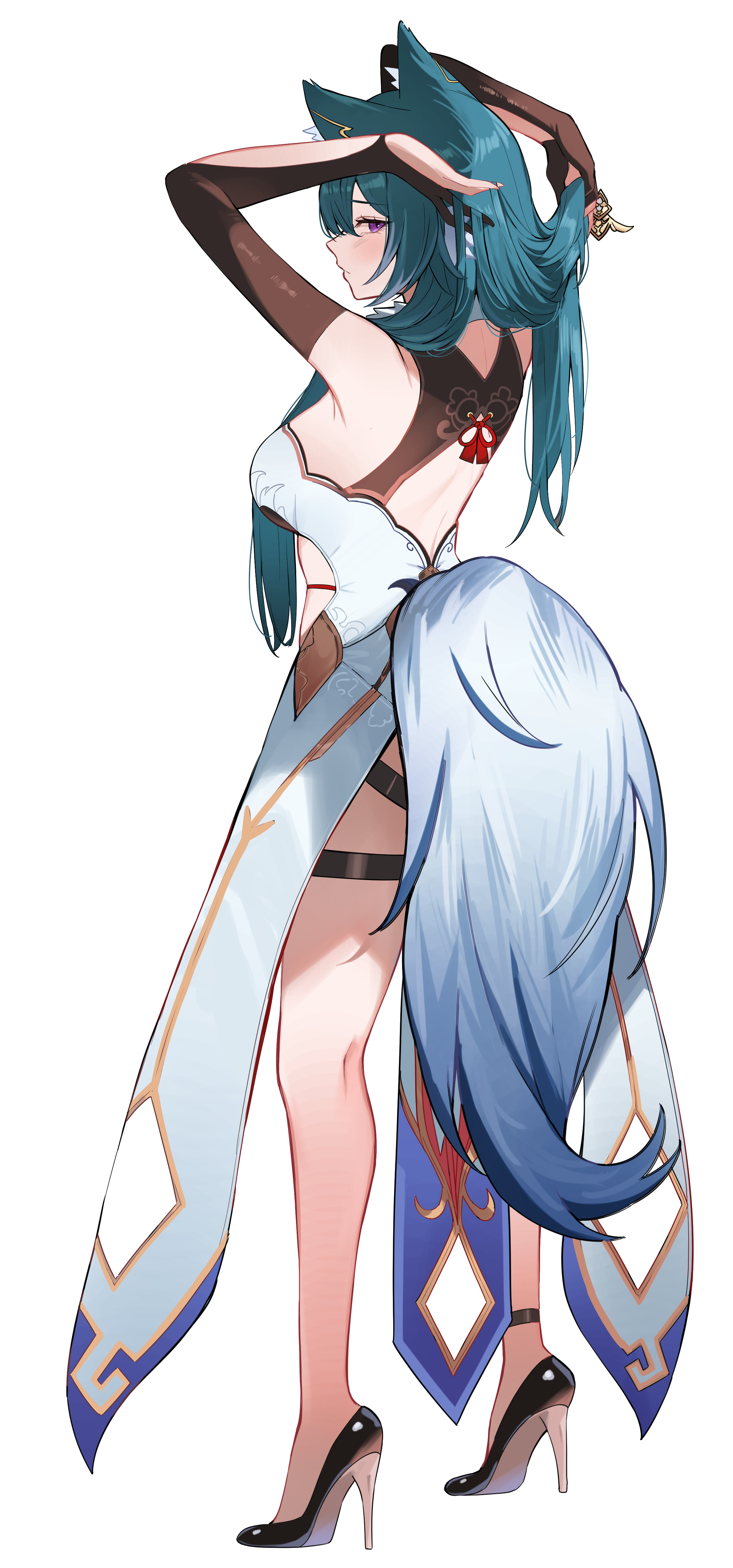 talnory, original, absurdres, commission, highres, 1girl, animal ears, arms up, backless dress, backless outfit, black shoes, breasts, brown gloves, dress, elbow gloves, from side, gloves, green hair, hands in own hair, high heels, long hair, looking at viewer, looking to the side, medium breasts, partially fingerless gloves, purple eyes, shoe soles, shoes, simple background, skindentation, solo, standing, tail, very long hair, white background, white dress