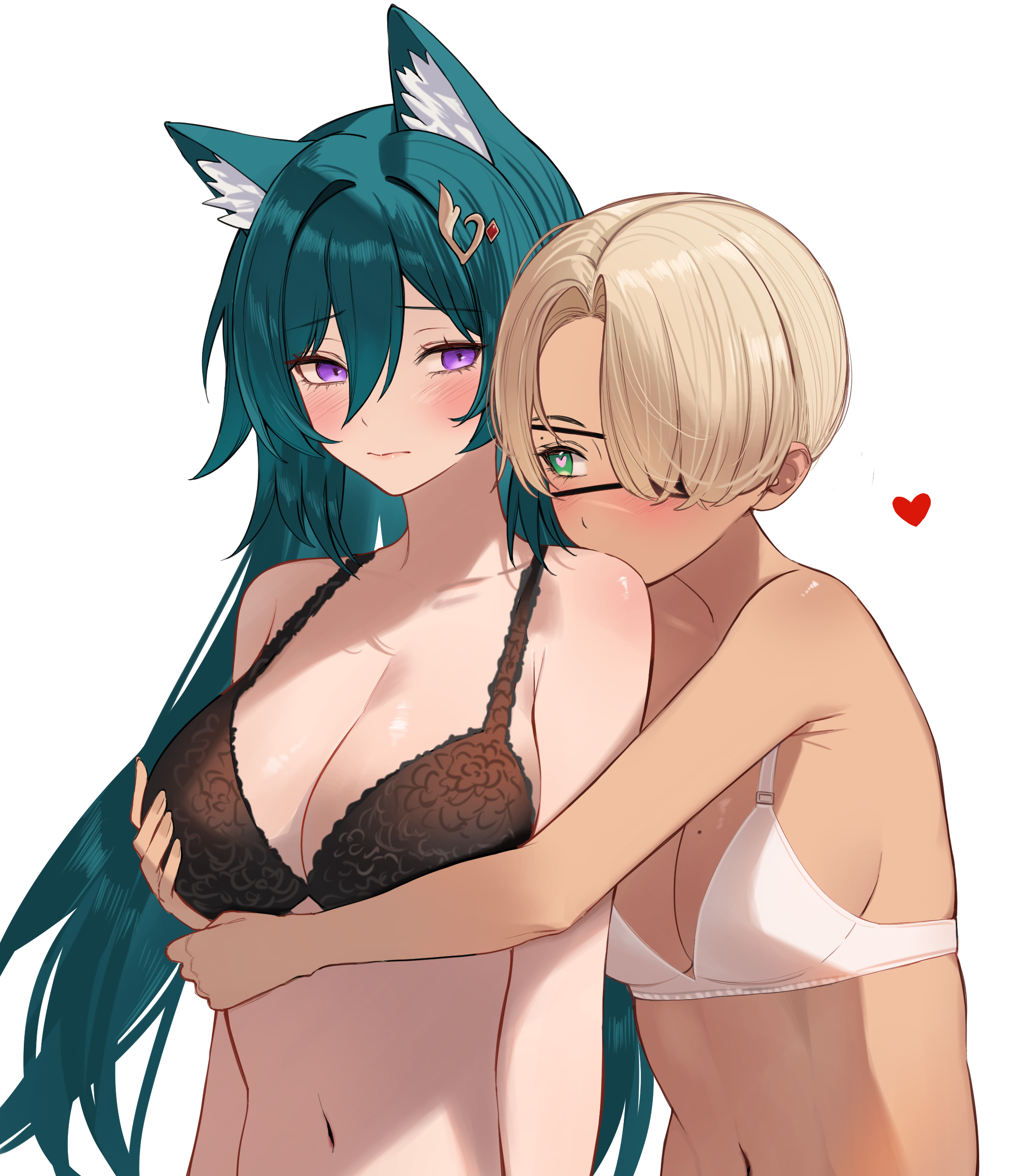 talnory, original, absurdres, commission, highres, 2girls, animal ear fluff, animal ears, bare arms, bare shoulders, black bra, blush, bra, breasts, brown hair, cleavage, collarbone, covered mouth, eyepatch, green hair, hair between eyes, hair intakes, hair over one eye, heart, heart-shaped pupils, large breasts, long hair, multiple girls, navel, parted bangs, purple eyes, short hair, simple background, symbol-shaped pupils, tan, underwear, underwear only, upper body, very long hair, white background, white bra, yuri
