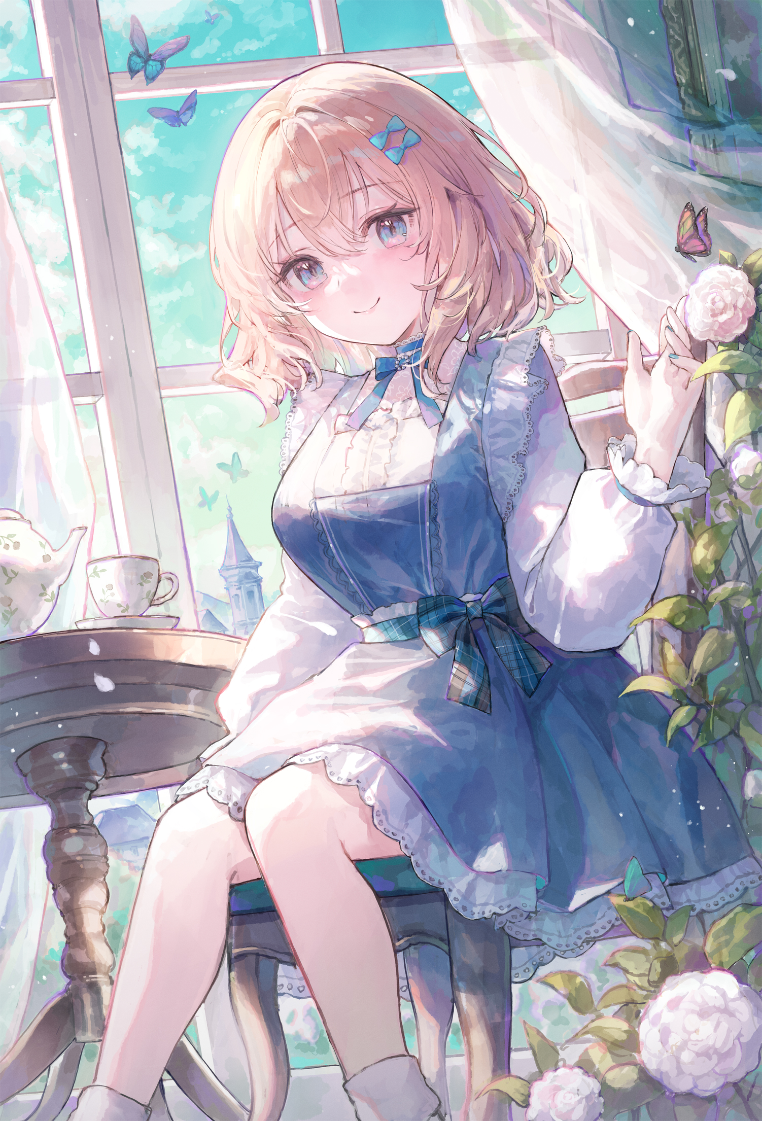 arl, original, commentary, highres, symbol-only commentary, 1girl, blonde hair, blue bow, blue bowtie, blue butterfly, blue dress, blue eyes, blue nails, blue sky, bow, bowtie, breasts, bug, butterfly, center frills, chair, choker, closed mouth, cloud, cup, curtains, day, dress, falling petals, feet out of frame, fingernails, floating curtains, flower, frilled choker, frills, hair between eyes, hair bow, hair intakes, hand up, indoors, insect, large breasts, long sleeves, looking at viewer, multicolored butterfly, multiple hair bows, on chair, petals, petticoat, pinafore dress, plaid bow, puffy long sleeves, puffy sleeves, rose, round table, saucer, short dress, short hair, sidelocks, sitting, sky, sleeveless, sleeveless dress, smile, table, teacup, teapot, waist bow, white flower, white rose, wind, window