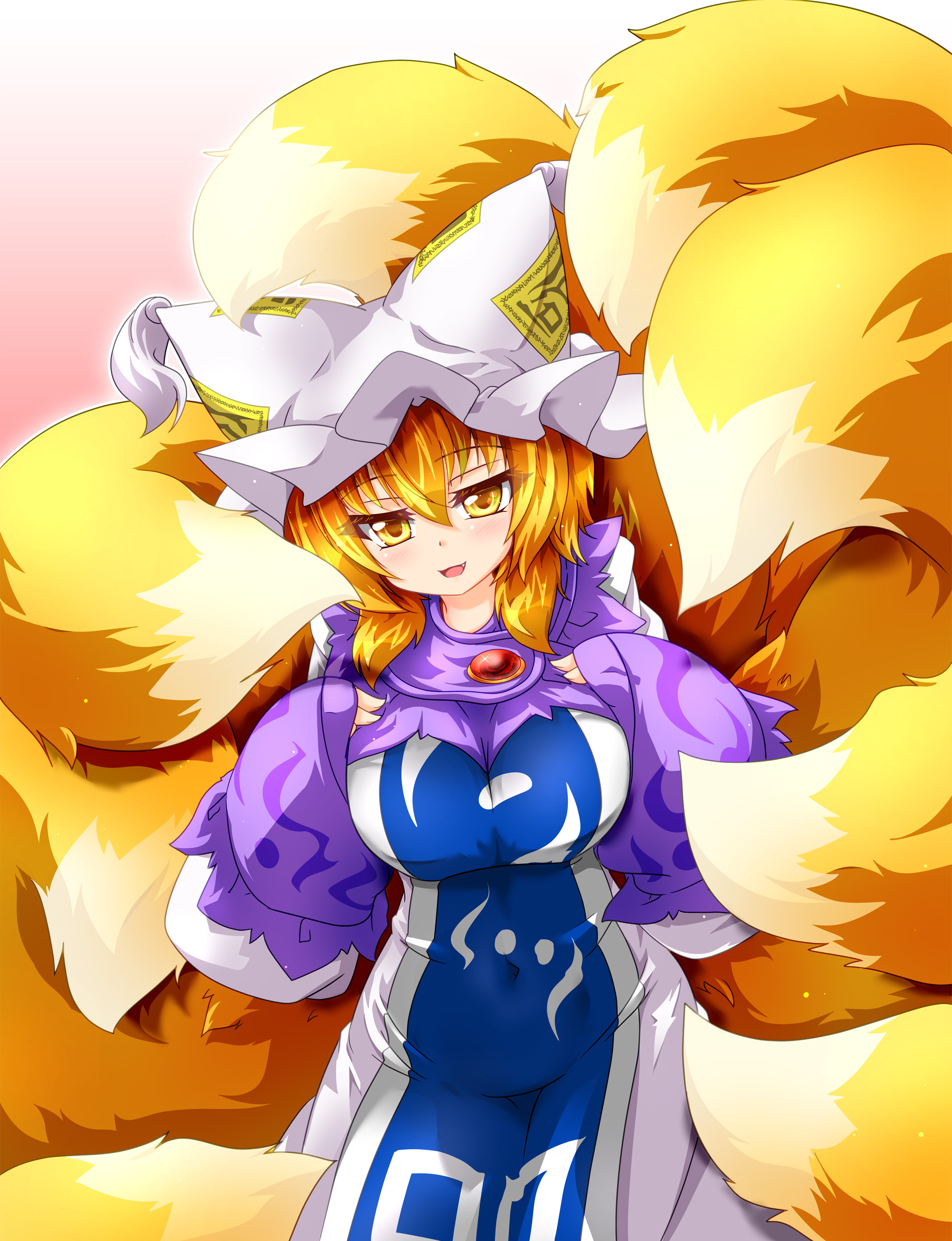 kazami karasu, yakumo ran, touhou, absurdres, commentary request, highres, textless version, 1girl, animal ear fluff, animal ears, blonde hair, blue tabard, blush, breasts, dress, fang, fluffy, fox girl, fox tail, hat, large breasts, long sleeves, looking at viewer, mob cap, multiple tails, solo, tabard, tail, white hat, yellow eyes