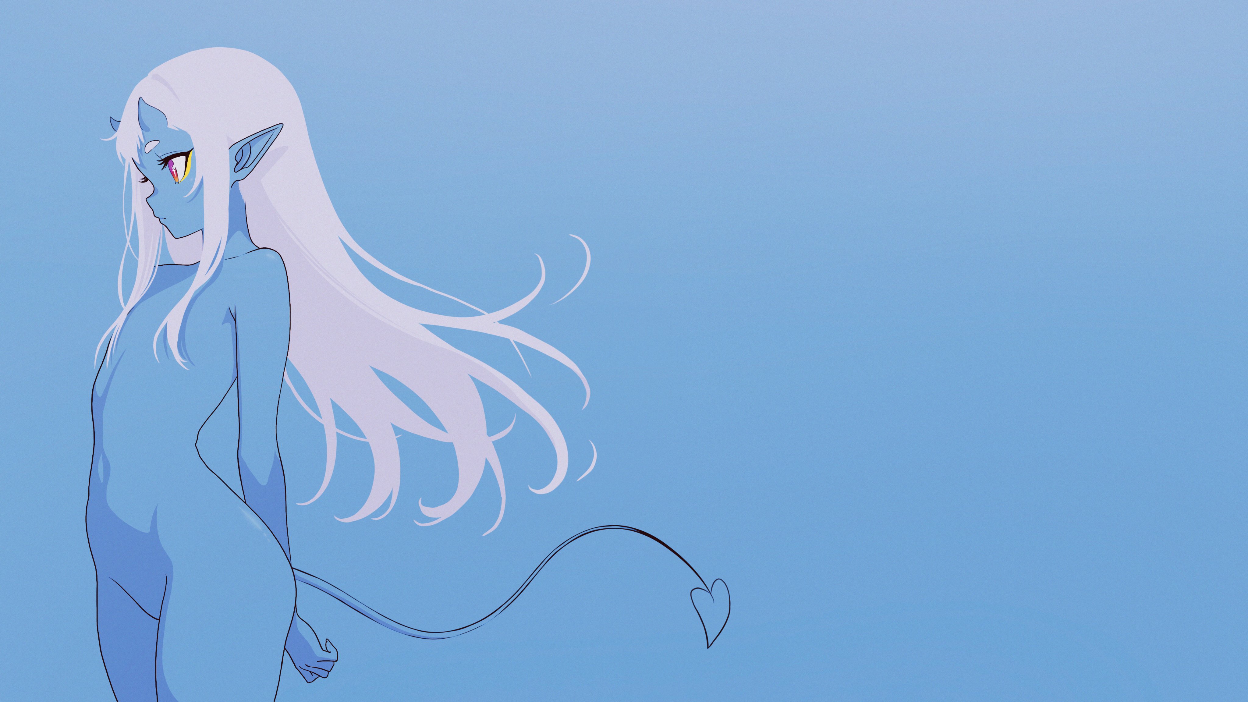 kuu (kuutuber), indie virtual youtuber, absurdres, commentary, english commentary, highres, 1girl, arms behind back, bare shoulders, blending, blue background, closed mouth, completely nude, convenient hair, cowboy shot, demon tail, expressionless, flat chest, from side, horns, kuutuber, long hair, multicolored eyes, no pussy, nude, orange eyes, pointy ears, purple eyes, simple background, skin-covered horns, solo, tail, two-tone eyes, virtual youtuber, white hair