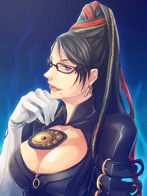 itsuki yukari, bayonetta, bayonetta (series), 1girl, black hair, breasts, chain, cleavage, cleavage cutout, clothing cutout, earrings, female focus, glasses, gradient background, hair bun, jewelry, long hair, mole, purple eyes, red ribbon, ribbon, single hair bun, solo, very long hair