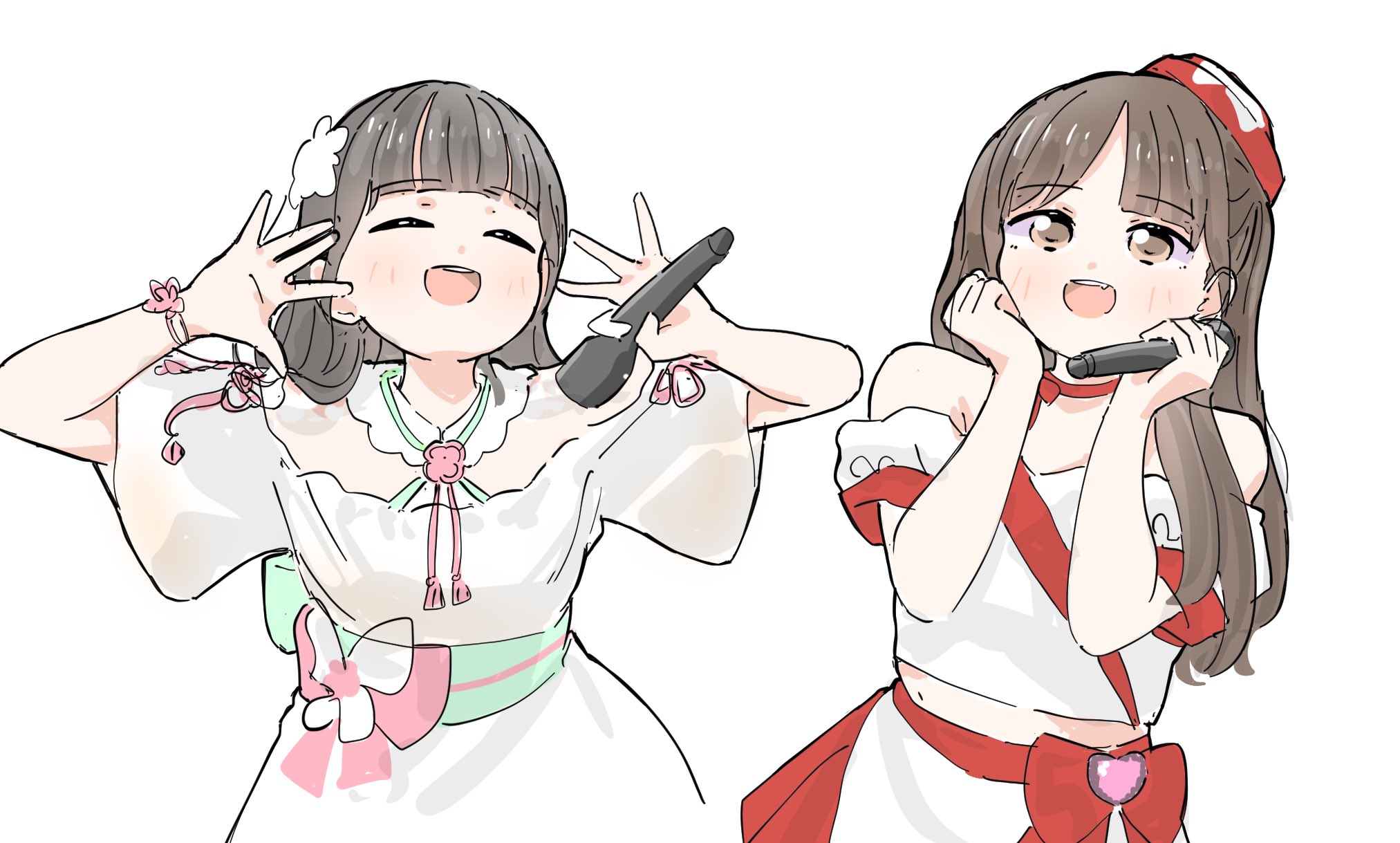 tazaki masanobu, nirei nozomi, tsukine kona, link! like! love live!, love live!, real life, commentary request, highres, 2girls, :d, ^ ^, animification, aoku haruka/flower, bare shoulders, brown eyes, brown hair, closed eyes, dress, fang, half updo, happy shijo shugi!, holding, holding microphone, long hair, lyrics, microphone, midriff, miracreation/elegance, multiple girls, off-shoulder shirt, off shoulder, open mouth, shirt, skirt, smile, voice actor, white dress, white shirt, white skirt