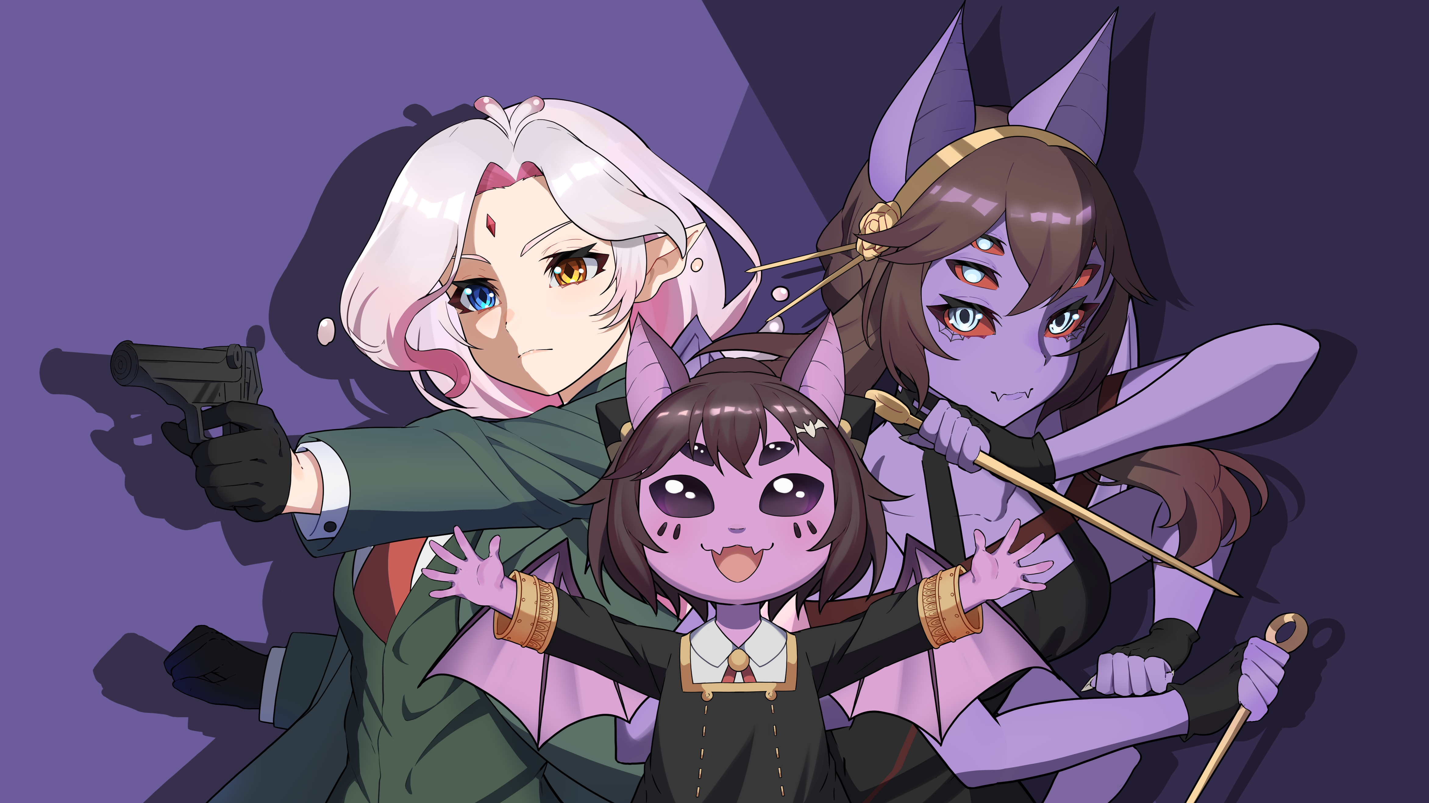 carol (lilum), sue chwan, anya (spy x family), twilight (spy x family), yor briar, spy x family, absurdres, highres, second-party source, video thumbnail, animal ears, anya (spy x family) (cosplay), arthropod girl, bat ears, blue eyes, brown hair, chat (dante will), colored sclera, colored skin, cosplay, dagger, dante will, dress, eden academy school uniform, extra arms, extra eyes, forehead jewel, formal clothes, gold hairband, green suit, hairband, hairpods, heterochromia, holding, insect girl, knife, monster girl, neobaka, pink hair, pointy ears, purple skin, school uniform, slime girl, smile, spider girl, stiletto (weapon), suit, twilight (spy x family) (cosplay), weapon, white eyes, yor briar (cosplay), youtube video thumbnail