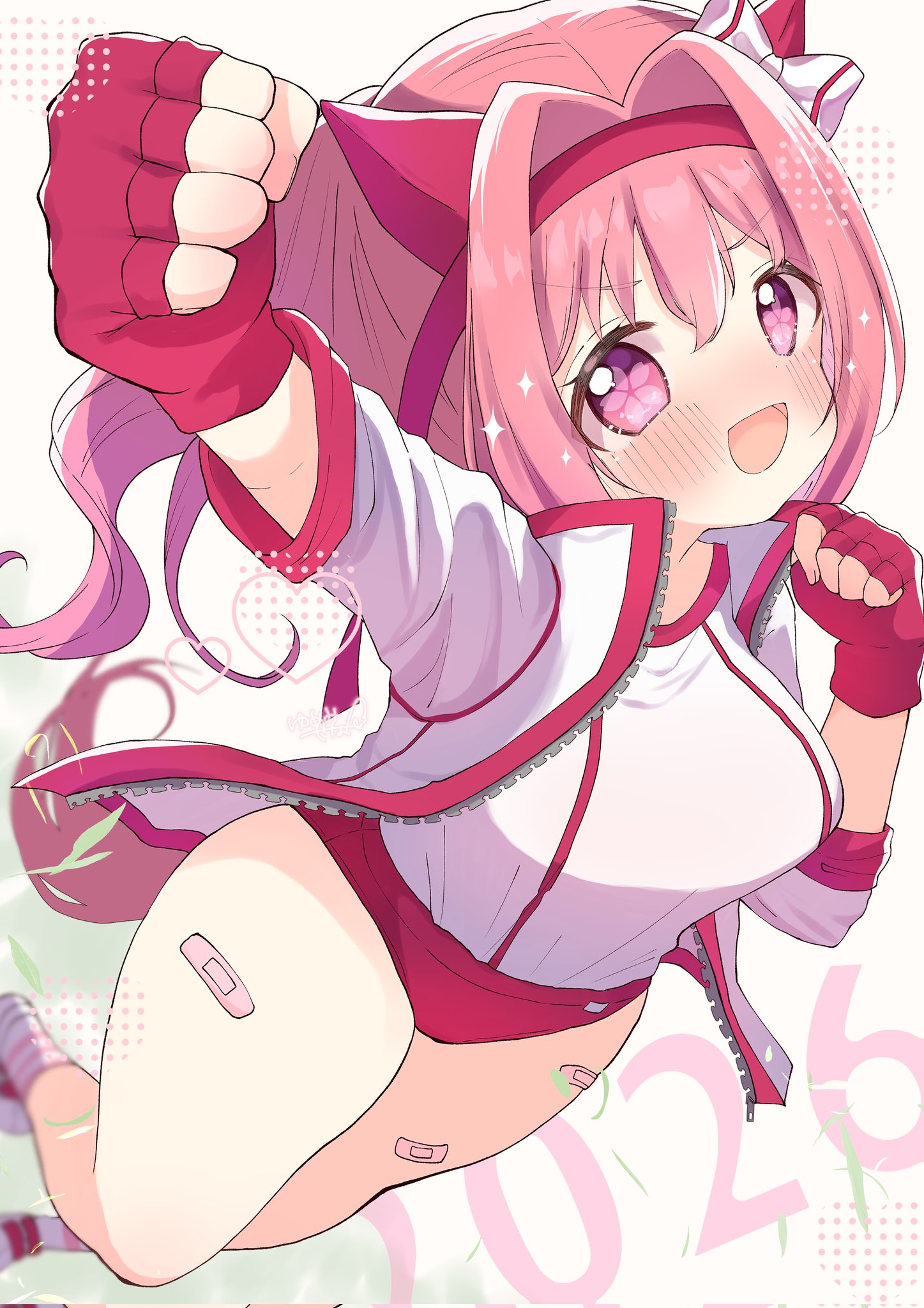 sena milk, haru urara (bestest prize) (umamusume), haru urara (umamusume), umamusume, commentary request, highres, 1girl, 2026, animal ears, bandaid, bandaid on leg, bandaid on thigh, blush, blush stickers, bow, breasts, buruma, cropped legs, ear bow, ear covers, fingerless gloves, flower-shaped pupils, flower in eye, gloves, hair between eyes, hand up, headband, horse ears, horse girl, horse tail, jacket, long hair, long sleeves, looking at viewer, medium breasts, open clothes, open jacket, open mouth, pink buruma, pink eyes, pink hair, pink headband, ponytail, red buruma, red gloves, red headband, shirt, smile, socks, solo, sparkle, striped clothes, striped socks, symbol-shaped pupils, symbol in eye, tail, thighs, white jacket, white shirt, white socks