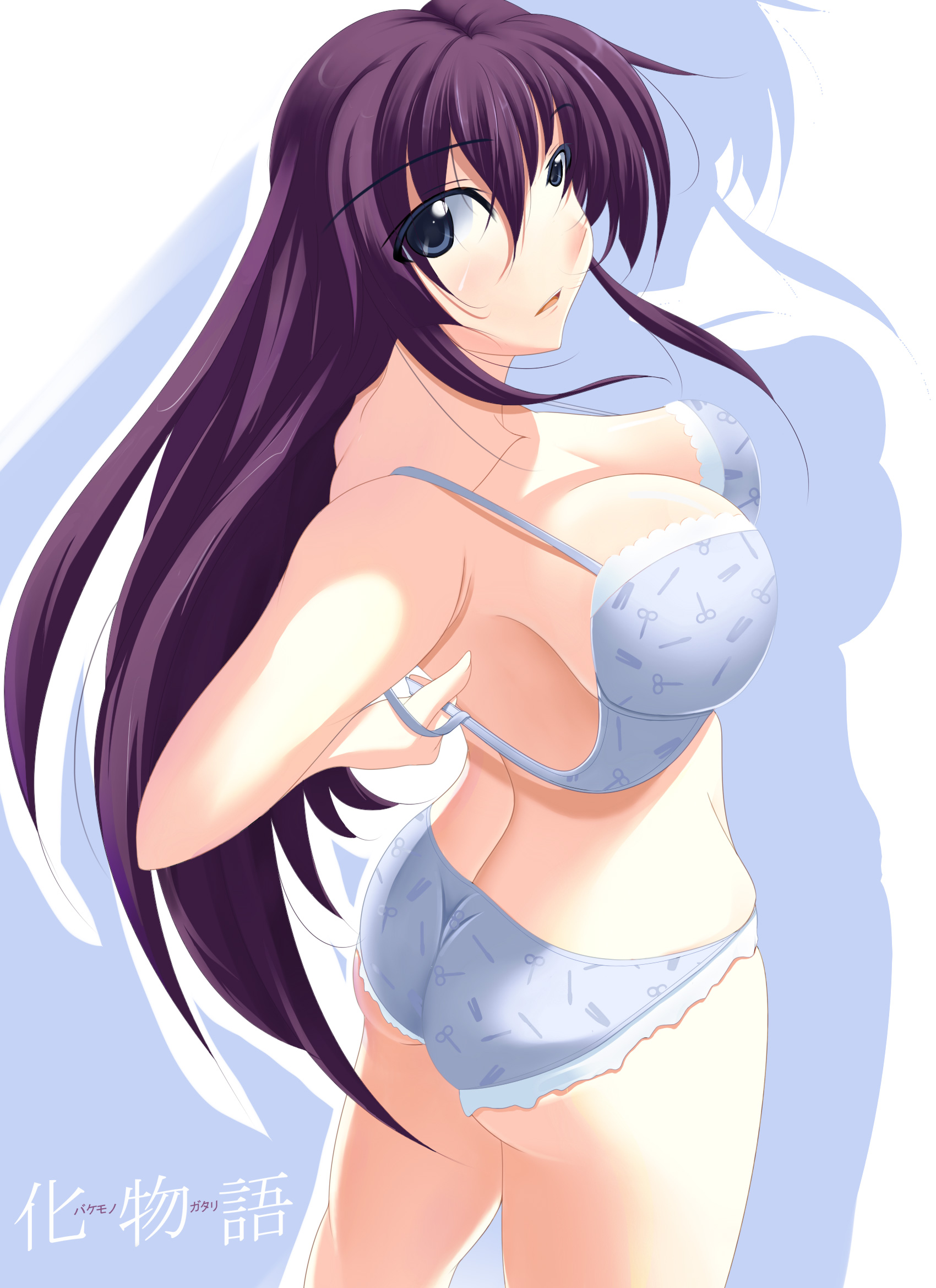 aoba (tomoyuki), senjougahara hitagi, bakemonogatari, monogatari (series), highres, 00s, 1girl, ass, blue bra, blue eyes, blue panties, bra, breasts, cleavage, female focus, large breasts, lingerie, long hair, panties, print bra, print panties, purple hair, sideboob, solo, underwear, underwear only