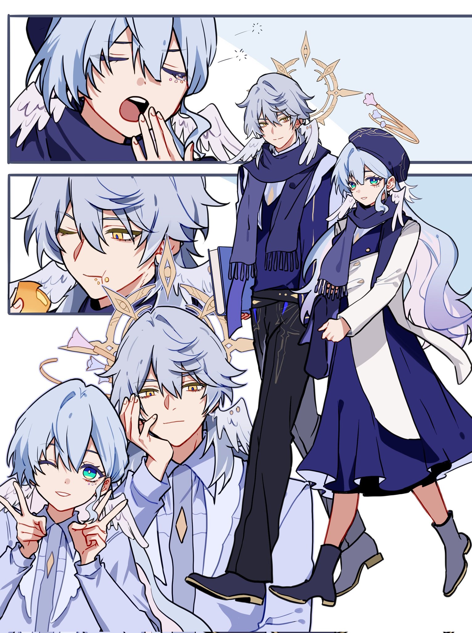 yuelinpanp98413, robin (honkai: star rail), sunday (honkai: star rail), honkai: star rail, honkai (series), commentary request, highres, 1boy, 1girl, alternate costume, beret, blue hair, brother and sister, coat, eating, full body, green eyes, halo, hat, head wings, jewel under eye, long hair, long skirt, pants, piercing, scarf, shirt, shoes, siblings, skirt, wings, yawning, yellow eyes