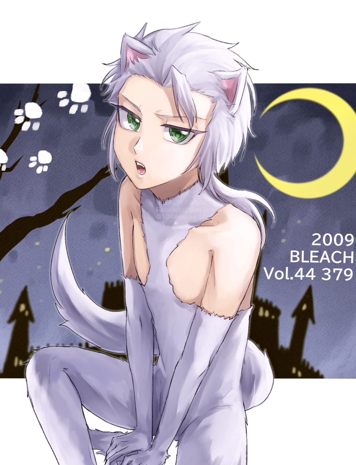 1046sstep btoh, hitsugaya toushirou, bleach, commentary request, highres, 1boy, animal ears, castle, cat boy, cat ears, cat tail, copyright name, crescent moon, elbow gloves, gloves, green eyes, grey hair, long hair, male focus, moon, official alternate costume, official alternate hair length, official alternate hairstyle, paw print, solo, tail, unitard, watermark, white fur