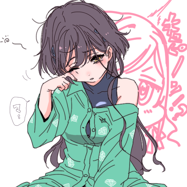 shinanoya (satanicad), ceras yanagida lilienfeld, katsuragi izumi, link! like! love live!, love live!, commentary request, translation request, 2girls, black hair, breasts, button gap, diamond print, green shirt, jellyfish cut, long hair, long sleeves, medium breasts, messy hair, multiple girls, one eye closed, partially unbuttoned, print shirt, shirt, single bare shoulder, single off shoulder, solo focus, tears, virtual youtuber, wiping tears, yellow eyes