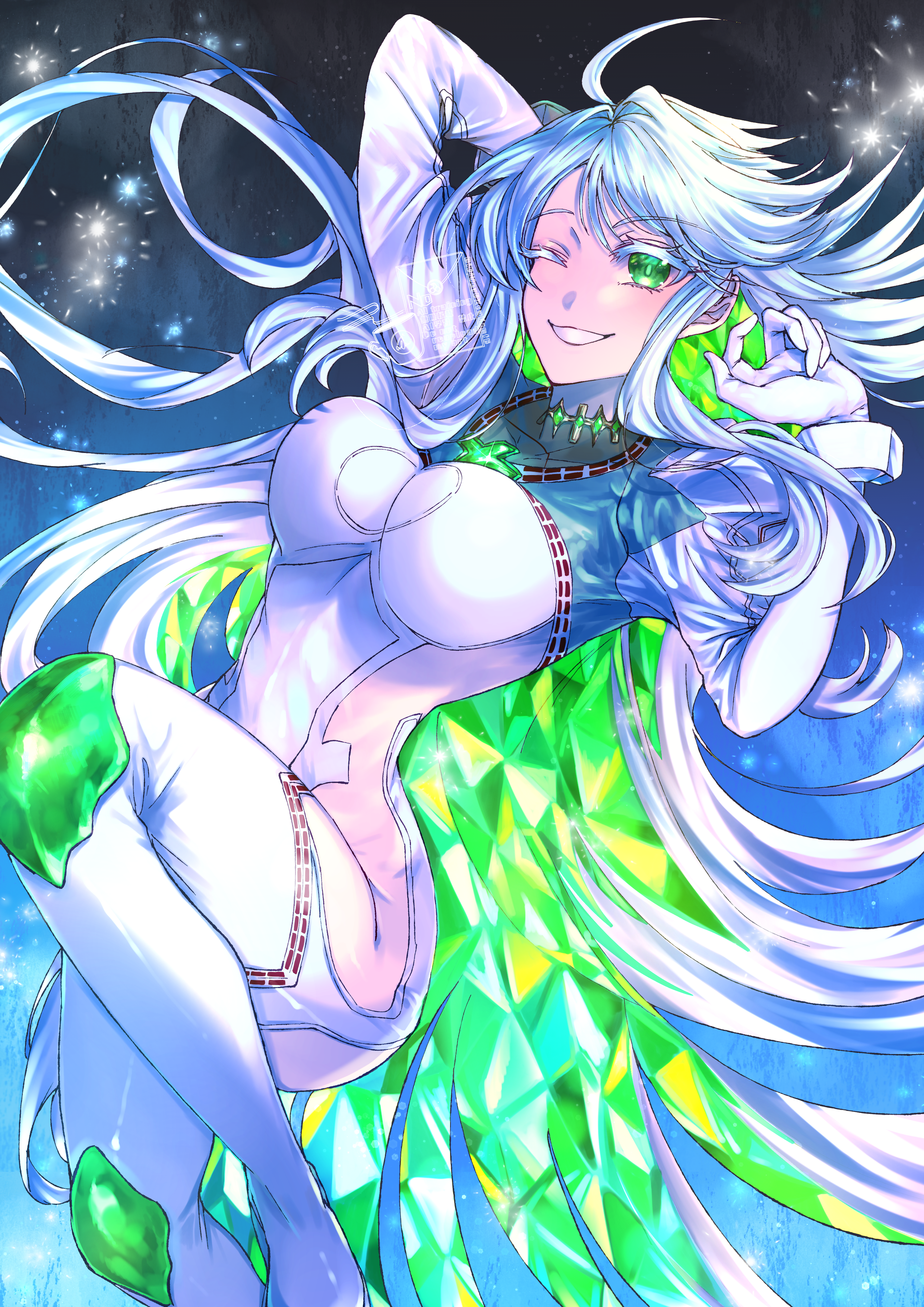 i6junvexcwkzmf8, kukulkan (fate), kukulkan (second ascension) (fate), fate/grand order, fate (series), absurdres, commentary request, highres, 1girl, breasts, colored inner hair, crystal hair, gloves, green eyes, green hair, grin, large breasts, leotard, long hair, long sleeves, looking at viewer, multicolored hair, one eye closed, shrug (clothing), smile, solo, thighhighs, white gloves, white hair, white leotard, white shrug, white thighhighs