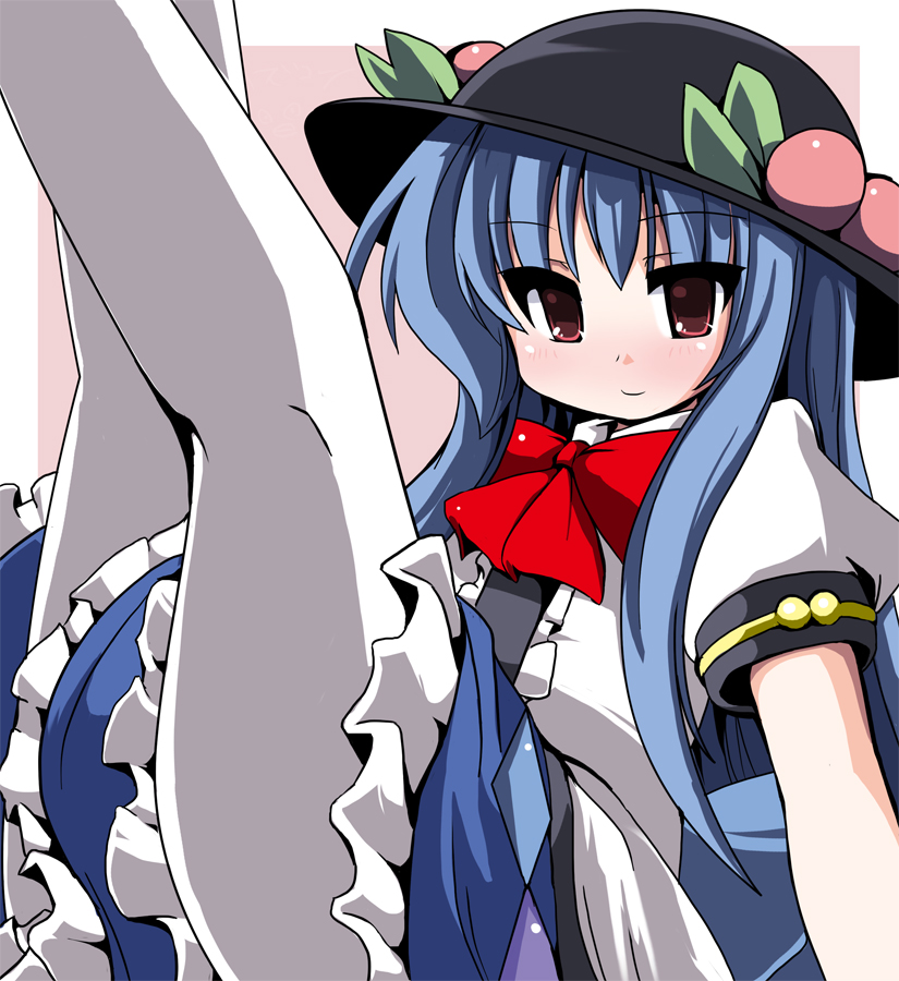 fa no hito, hinanawi tenshi, touhou, 1girl, blue hair, blush, female focus, food, fruit, hat, legs, legs up, long hair, pantyhose, peach, red eyes, smile, solo, white pantyhose