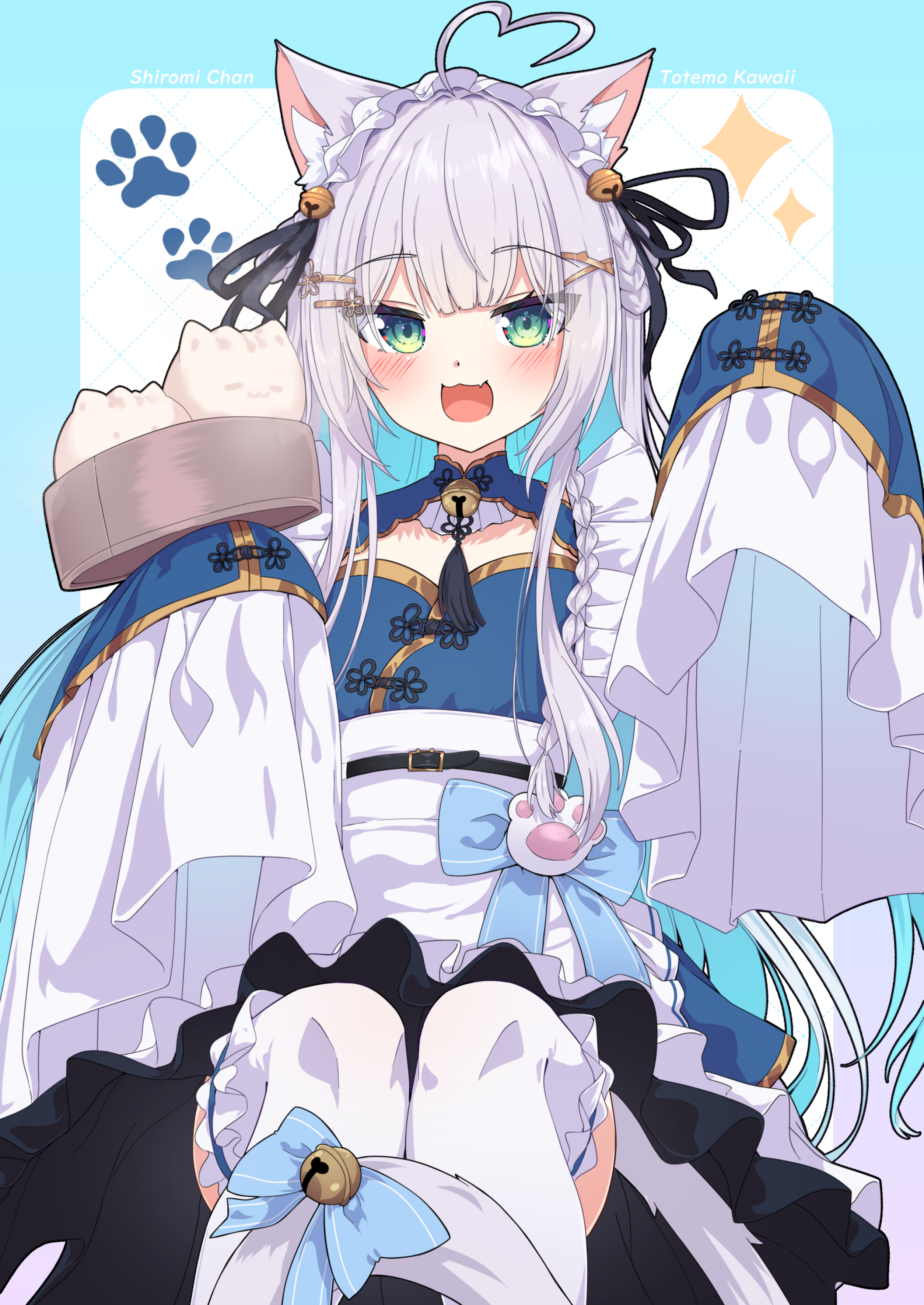 namikawa kuroha, absurdres, commentary request, copyright request, highres, translation request, 1girl, :d, animal ear fluff, animal ears, antenna hair, apron, bamboo steamer, bell, black ribbon, blue border, blue bow, blue dress, blue hair, blush, border, bow, braid, cat ears, cat girl, cat tail, dotted line, dress, food, frilled apron, frilled sleeves, frilled thighhighs, frills, green eyes, grey hair, hair bell, hair ornament, hair ribbon, hands up, heart antenna hair, holding, jingle bell, long hair, long sleeves, multicolored hair, open mouth, ribbon, romaji text, sitting, sleeves past fingers, sleeves past wrists, smile, solo, sparkle, steamed bun, striped bow, tail, tail bell, tail bow, tail ornament, thighhighs, two-tone hair, very long hair, virtual youtuber, waist apron, white apron, white background, white thighhighs