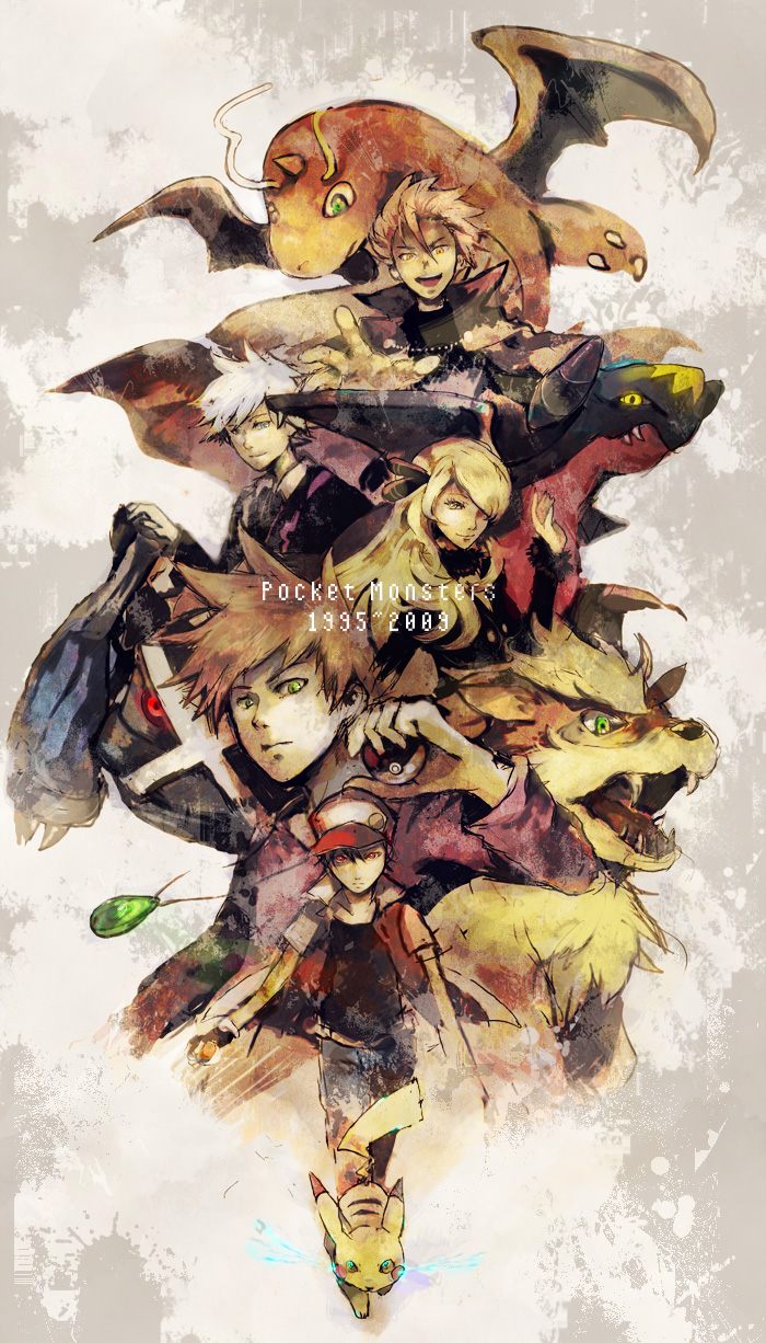 sin (hitonatsu), arcanine, blue oak, blue oak (pokemon rgby), cynthia (pokemon), dragonite, garchomp, lance (pokemon), metagross, pikachu, red (pokemon), steven stone, nintendo, pokemon, pokemon dppt, pokemon gsc, pokemon rgby, pokemon rse, bad id, bad pixiv id, highres, 00s, 1990s (style), 1girl, 2009, 4boys, baseball cap, copyright name, epic, gen 1 pokemon, gen 3 pokemon, gen 4 pokemon, green eyes, hat, holding, holding poke ball, jewelry, multiple boys, necklace, poke ball, pokemon (creature), red eyes, retro artstyle, speed painting