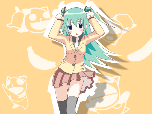 alice carroll, president maa, aria (manga), animated, animated gif, 00s, 1girl, :<, banana, blue eyes, blush, caramelldansen, dancing, female focus, food, fruit, green hair, long hair, necktie, pink theme, school uniform, skirt, solo, thighhighs, two side up