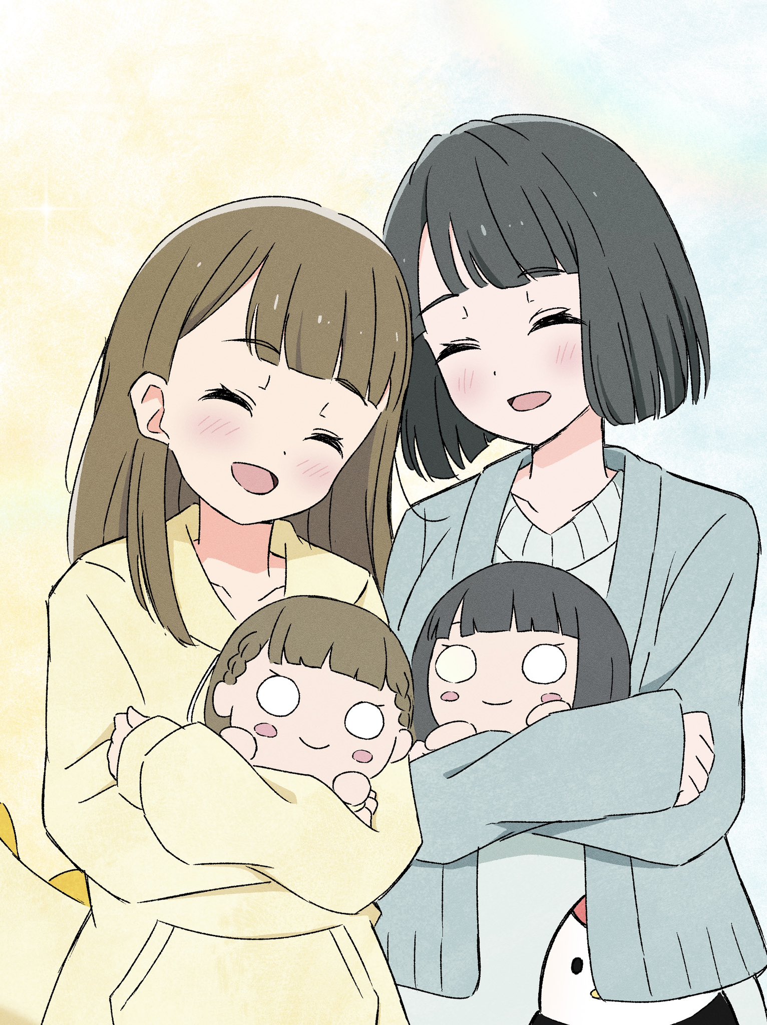 tottsan, kachimachi kosuzu, kachimachi kosuzu (sega lucky lottery sleepwear), momose ginko, momose ginko (sega lucky lottery sleepwear), link! like! love live!, love live!, commentary, highres, 2girls, :d, ^ ^, black hair, blue background, blue cardigan, blue sweater, blunt bangs, blunt ends, blush, blush stickers, bob cut, brown hair, cardigan, center-flap bangs, character doll, closed eyes, doll, holding, holding doll, hood, hoodie, long hair, multiple girls, nesoberi, open cardigan, open clothes, open mouth, short hair, smile, sweater, tsuru (love live!), two-tone background, virtual youtuber, yellow background, yellow hoodie