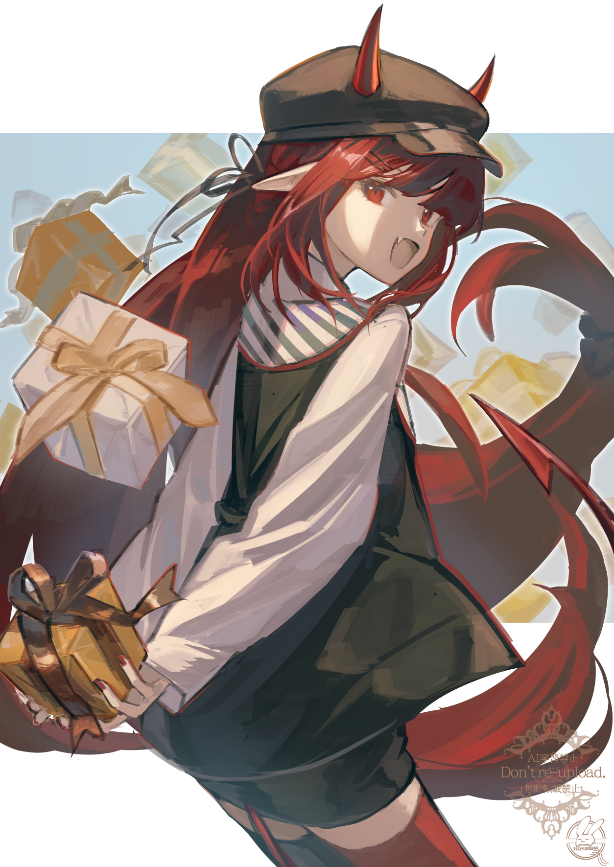 hemorina, vigna (arknights), arknights, highres, 1girl, :d, black hat, black jacket, box, demon girl, demon horns, demon tail, fang, flat cap, from behind, gift, gift box, hat, horns, horns through headwear, jacket, long hair, long sleeves, looking at viewer, looking back, nail polish, open mouth, pointy ears, puffy long sleeves, puffy sleeves, red eyes, red hair, red nails, red thighhighs, sleeves past wrists, smile, solo, tail, thighhighs, very long hair, watermark