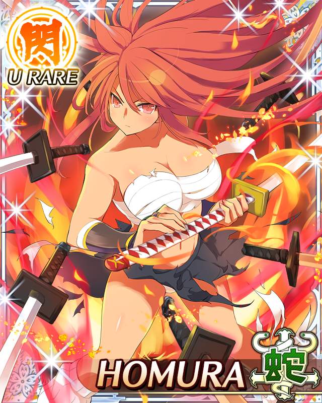 homura (senran kagura), senran kagura, senran kagura new wave, game cg, official art, third-party source, 1girl, black skirt, border, breasts, budget sarashi, card (medium), character name, cleavage, closed mouth, fire, floating, floating object, floating sword, floating weapon, holding, holding sword, holding weapon, katana, large breasts, light frown, looking at viewer, navel, official alternate eye color, official alternate hair color, official alternate hairstyle, panties, red eyes, red hair, sarashi, skirt, solo, sword, tan, torn clothes, torn sarashi, underwear, weapon, white panties