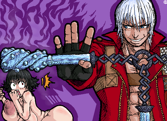 dante (devil may cry), lady (devil may cry), capcom, devil may cry (series), 00s, 1boy, 1girl, black hair, blue eyes, breasts, cerberus (weapon), heterochromia, huge breasts, looking back, nude, nunchaku, rape face, weapon, white hair, you gonna get raped