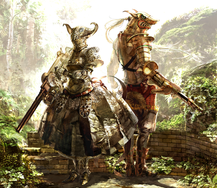 anesaki dynamic, original, 1boy, 1girl, armor, armored boots, armored dress, boots, brick wall, dress, fantasy, forest, garden, gloves, gun, helmet, nature, plate armor, weapon