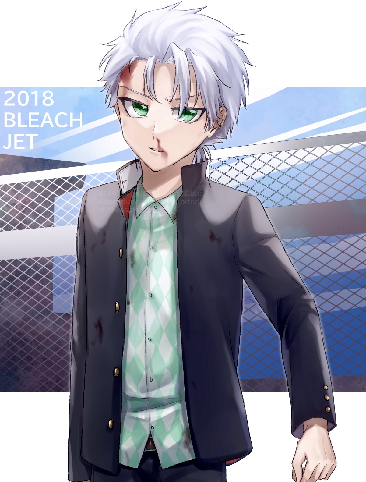 1046sstep btoh, hitsugaya toushirou, bleach, commentary request, highres, 1boy, argyle clothes, argyle shirt, blood, blood on clothes, blood on face, copyright name, fence, gakuran, green eyes, jacket, male focus, nosebleed, official alternate costume, open clothes, open jacket, school uniform, shirt, solo, untucked shirt, upper body, watermark, white hair