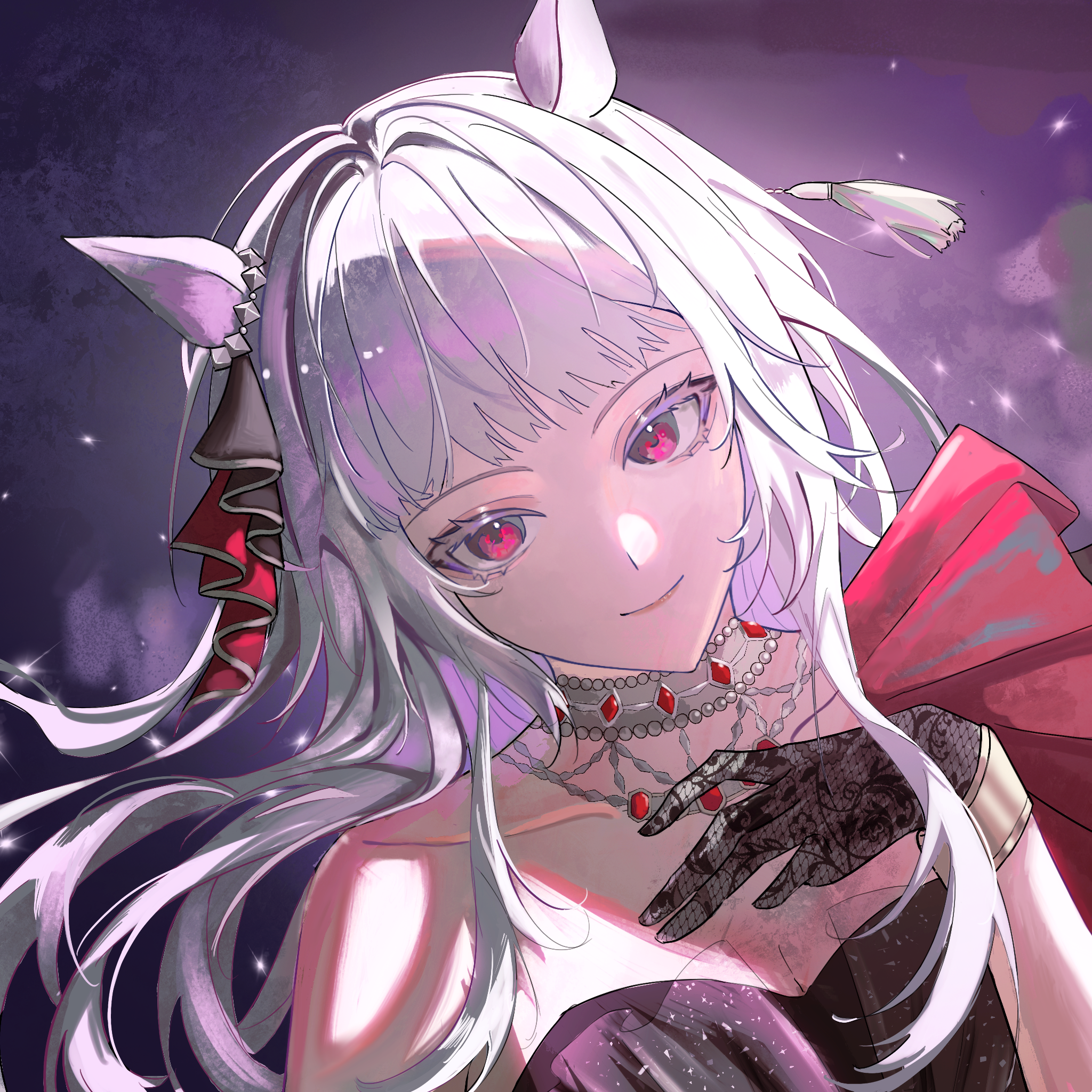 gold ship (la mode 564) (umamusume), gold ship (umamusume), umamusume, chinese commentary, commentary request, highres, 1girl, 719552599, animal ears, black dress, black gloves, black ribbon, bow, closed mouth, collarbone, dress, ear ribbon, gloves, grey hair, horse ears, horse girl, jewelry, lace, lace gloves, long hair, looking at viewer, necklace, ribbon, single bare shoulder, smile, solo, upper body