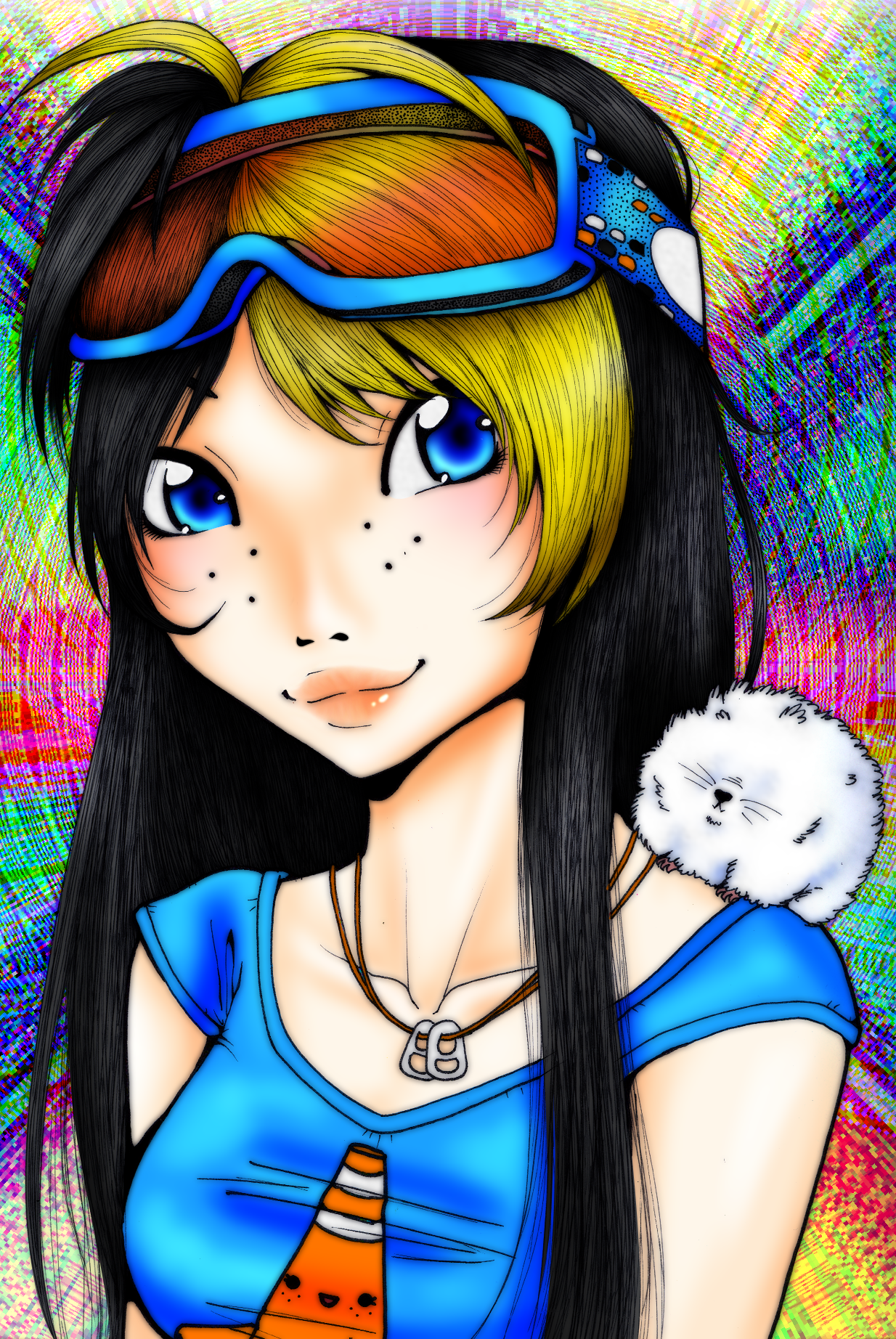 .:suri:., original, highres, self-upload, black hair, blonde hair, blue eyes, blush, freckles, goggles, lips, rainbow, solo