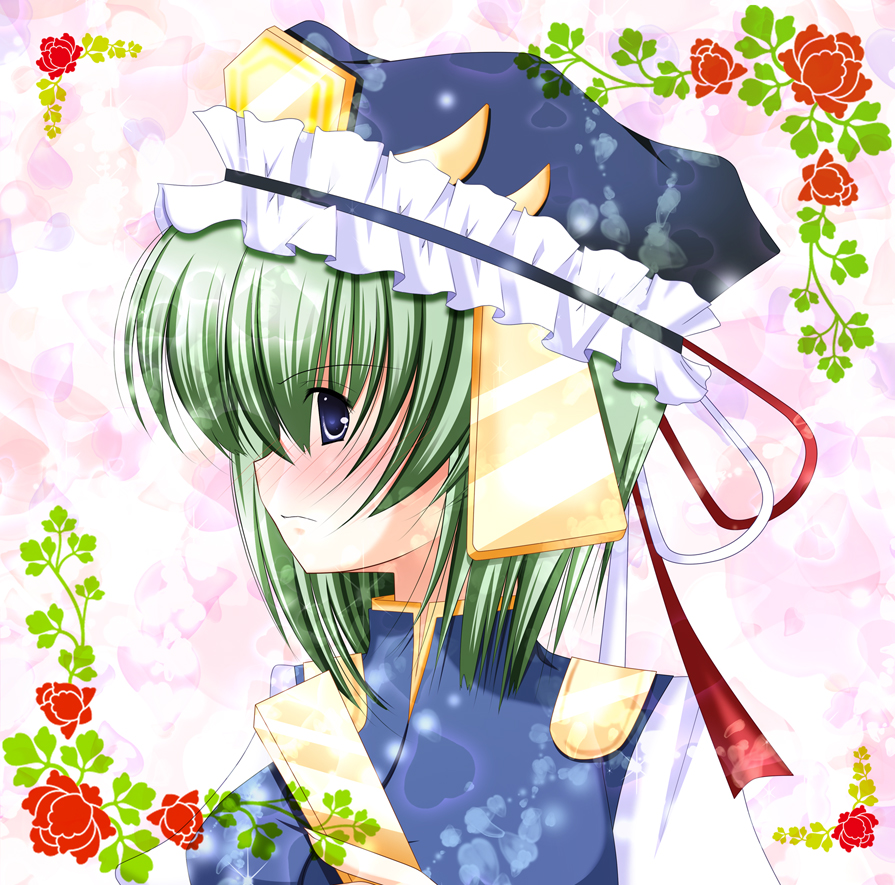 hiyori-o, shiki eiki, touhou, bad id, bad pixiv id, 1girl, blue eyes, female focus, flower, green hair, plant, short hair, solo