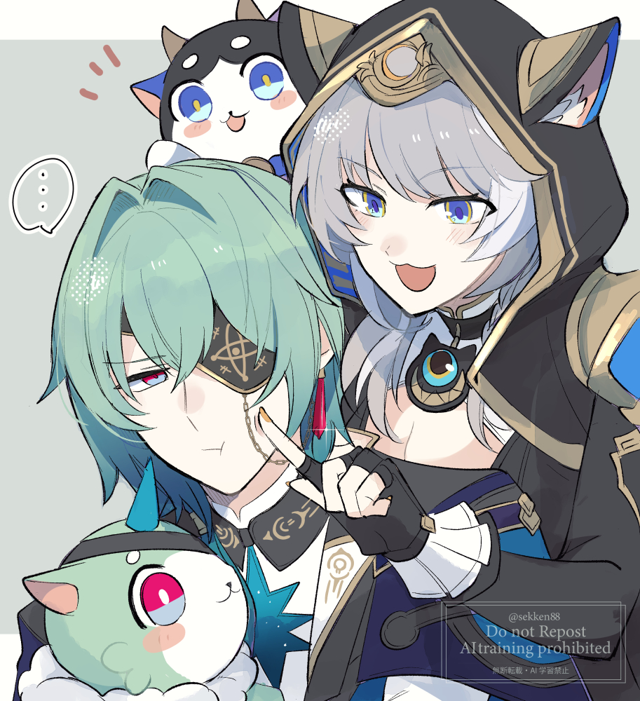 sekken88, anaxa (honkai: star rail), anaxa (nanus) (honkai: star rail), chimera (honkai: star rail), cipher (honkai: star rail), cipher (master cat-thief) (honkai: star rail), honkai: star rail, honkai (series), commentary request, 1boy, 1girl, animal ears, animal hood, blue eyes, breasts, cat ears, chain, cheek poking, choker, cleavage, earrings, eyepatch, fingerless gloves, gloves, green hair, grey hair, hood, horns, jewelry, multicolored eyes, poking, single earring, two-tone eyes, white streaks