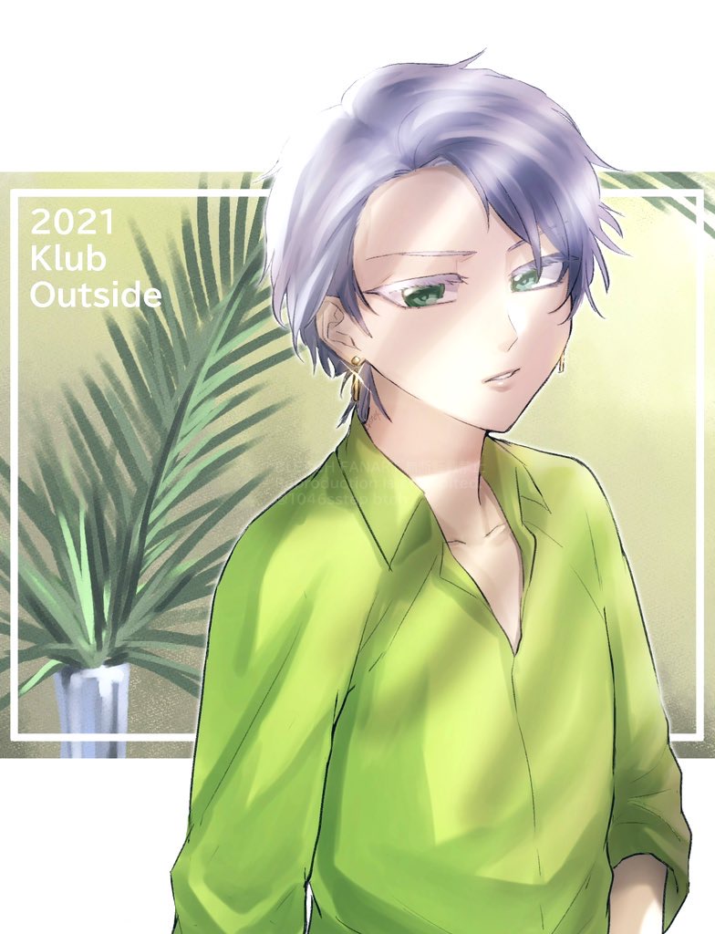 1046sstep btoh, hitsugaya toushirou, bleach, commentary request, 1boy, colored eyelashes, green eyes, green shirt, grey hair, male focus, official alternate costume, plant, potted plant, shirt, solo, upper body, watermark