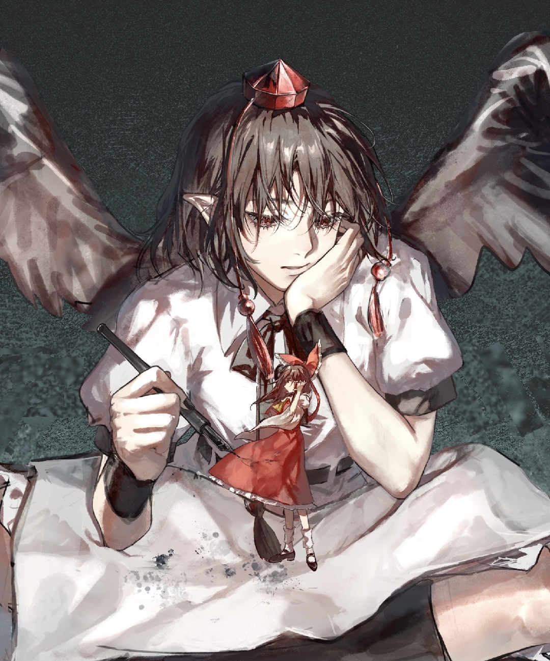 aihara-rina, hakurei reimu, shameimaru aya, touhou, chinese commentary, commentary request, highres, 2girls, alternate size, ascot, bird wings, black bow, black bowtie, black shoes, black wings, bow, bowtie, brown hair, closed mouth, collared shirt, detached sleeves, frilled bow, frilled hair tubes, frilled skirt, frills, hair bow, hair tubes, hat, holding, holding pen, long hair, looking at another, mini person, minigirl, multiple girls, nib pen (object), paper, pen, pointy ears, puffy short sleeves, puffy sleeves, red bow, red eyes, red hat, red skirt, shirt, shoes, short sleeves, sitting, skirt, skirt set, socks, tokin hat, white shirt, white socks, wings, yellow ascot