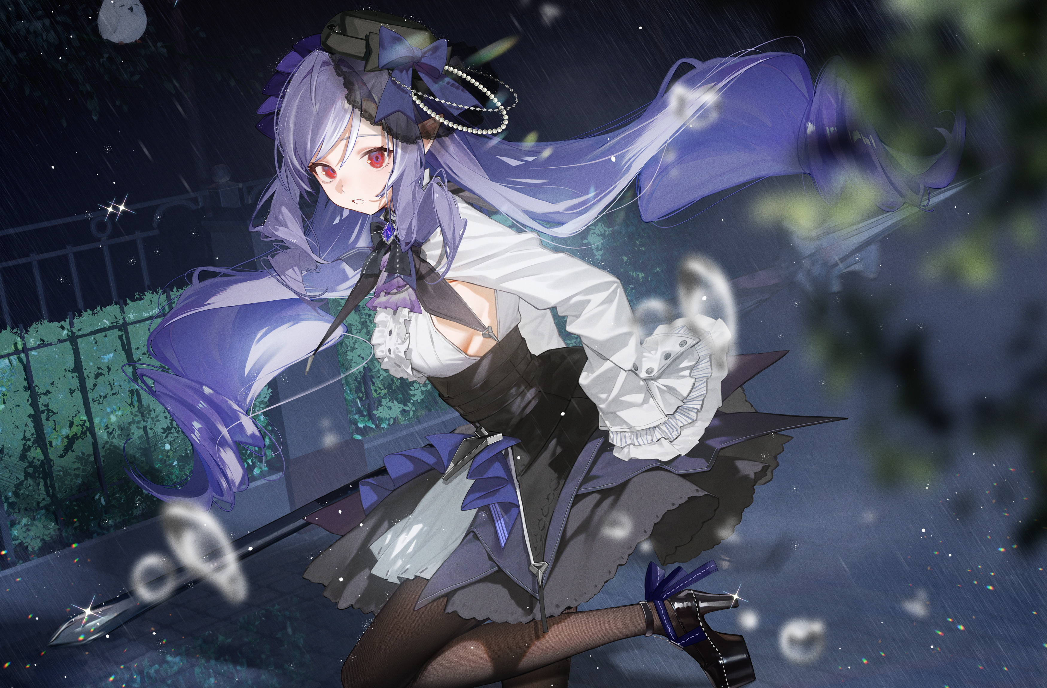 shiomi (lowrise), vivian banshee, zenless zone zero, absurdres, commentary request, highres, 1girl, black bow, black shoes, bow, breasts, bush, center frills, dress, drill hair, fence, frills, hairband, high heels, holding, holding umbrella, long hair, long sleeves, looking at viewer, mole, mole under eye, pointy ears, purple hair, red eyes, shoes, sideboob, sidelocks, solo, umbrella