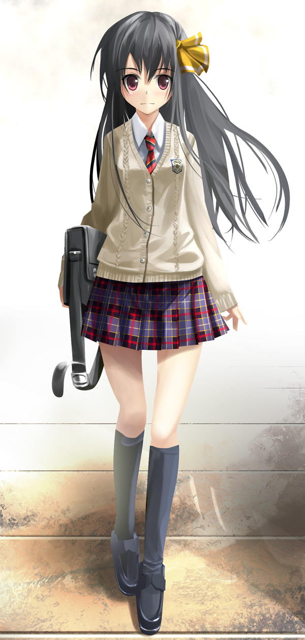 kouji (astral reverie), original, highres, 1girl, bag, black hair, cardigan, female focus, legs, long hair, necktie, plaid clothes, plaid skirt, red eyes, school uniform, skirt, solo
