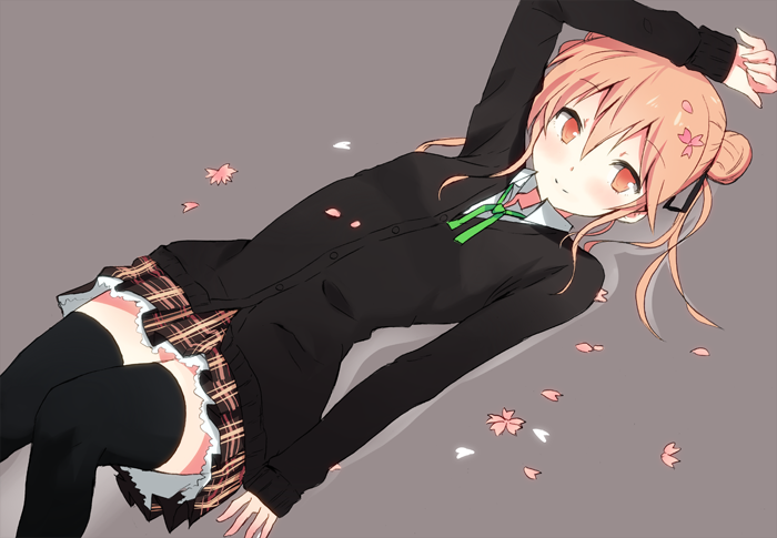 hyakuen raitaa, original, bad id, bad pixiv id, 1girl, blazer, blush, brown eyes, brown hair, female focus, flower, jacket, plaid clothes, plaid skirt, simple background, skirt, solo, thighhighs