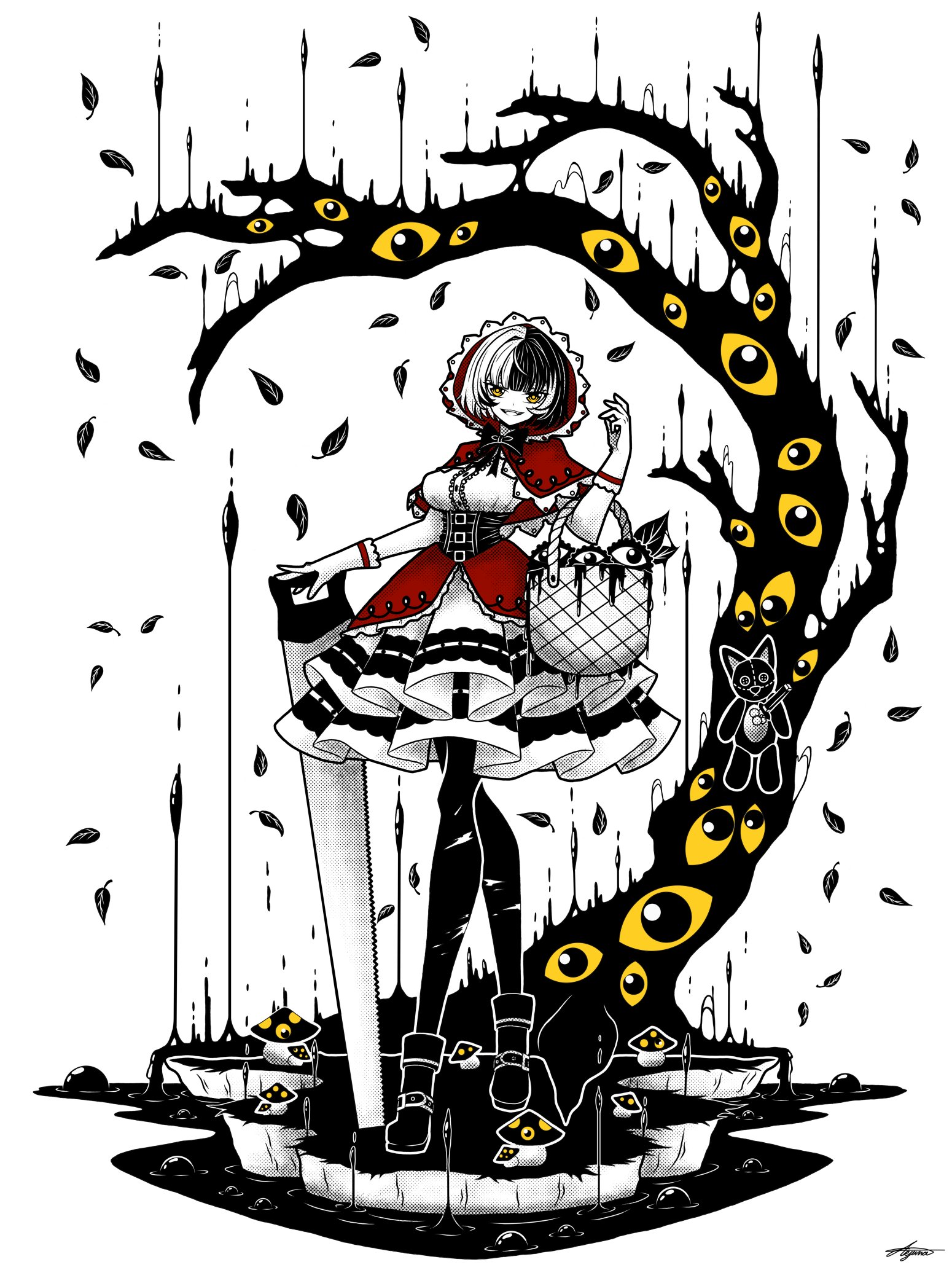 arjuna 625, little red riding hood (fairy tale character), shiori novella, hololive, hololive english, little red riding hood (fairy tale), commentary, english commentary, highres, 1girl, alternate costume, ankle boots, bare tree, basket, black boots, black bow, black bowtie, black corset, black hair, black pantyhose, boots, bow, bowtie, breasts, capelet, corset, cosplay, crossed legs, disembodied eye, dress, falling leaves, faux figurine, full body, gloves, hand saw, hood, hood up, hooded capelet, ink, large breasts, leaf, little red riding hood (fairy tale character) (cosplay), looking at viewer, multicolored hair, mushroom, open mouth, pantyhose, red capelet, red hood, saw, short hair, signature, smile, solo, split-color hair, standing, stuffed animal, stuffed toy, stuffed wolf, tree, two-tone hair, virtual youtuber, white dress, white gloves, white hair, yellow eyes