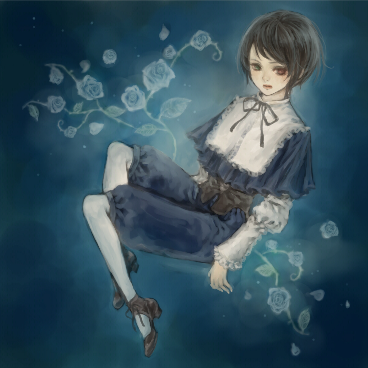 yukishiro, yukishiro (hitsuji), souseiseki, rozen maiden, highres, 00s, 1girl, androgynous, brown hair, female focus, flower, heterochromia, pantyhose, rose, short hair, solo